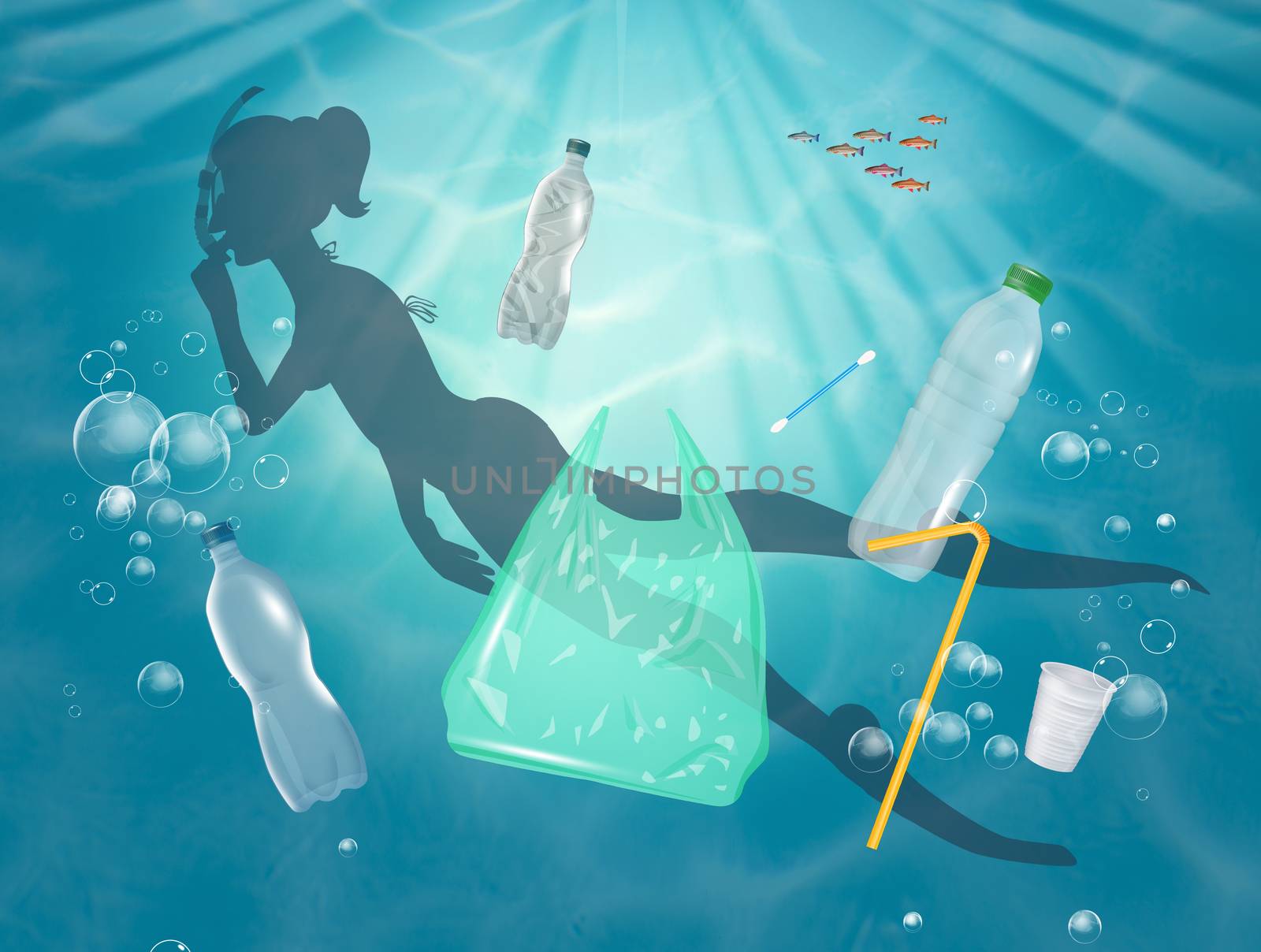 illustration of girl swims in a plastic sea