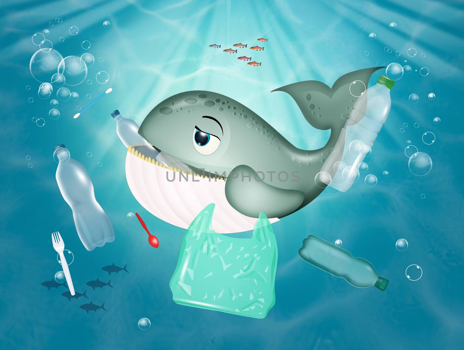 illustration of whale eats plastic