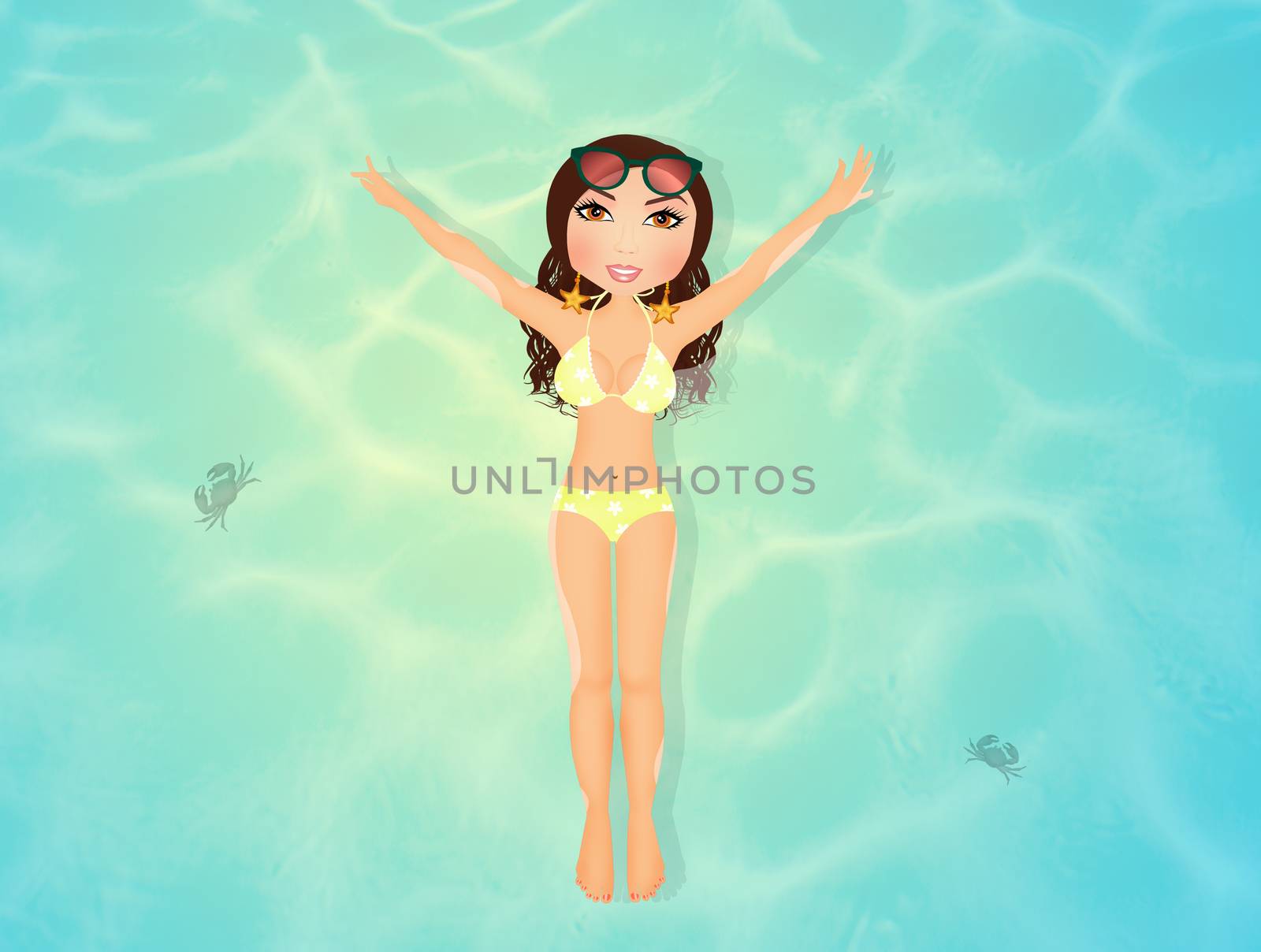 illustration of girl swims in the sea