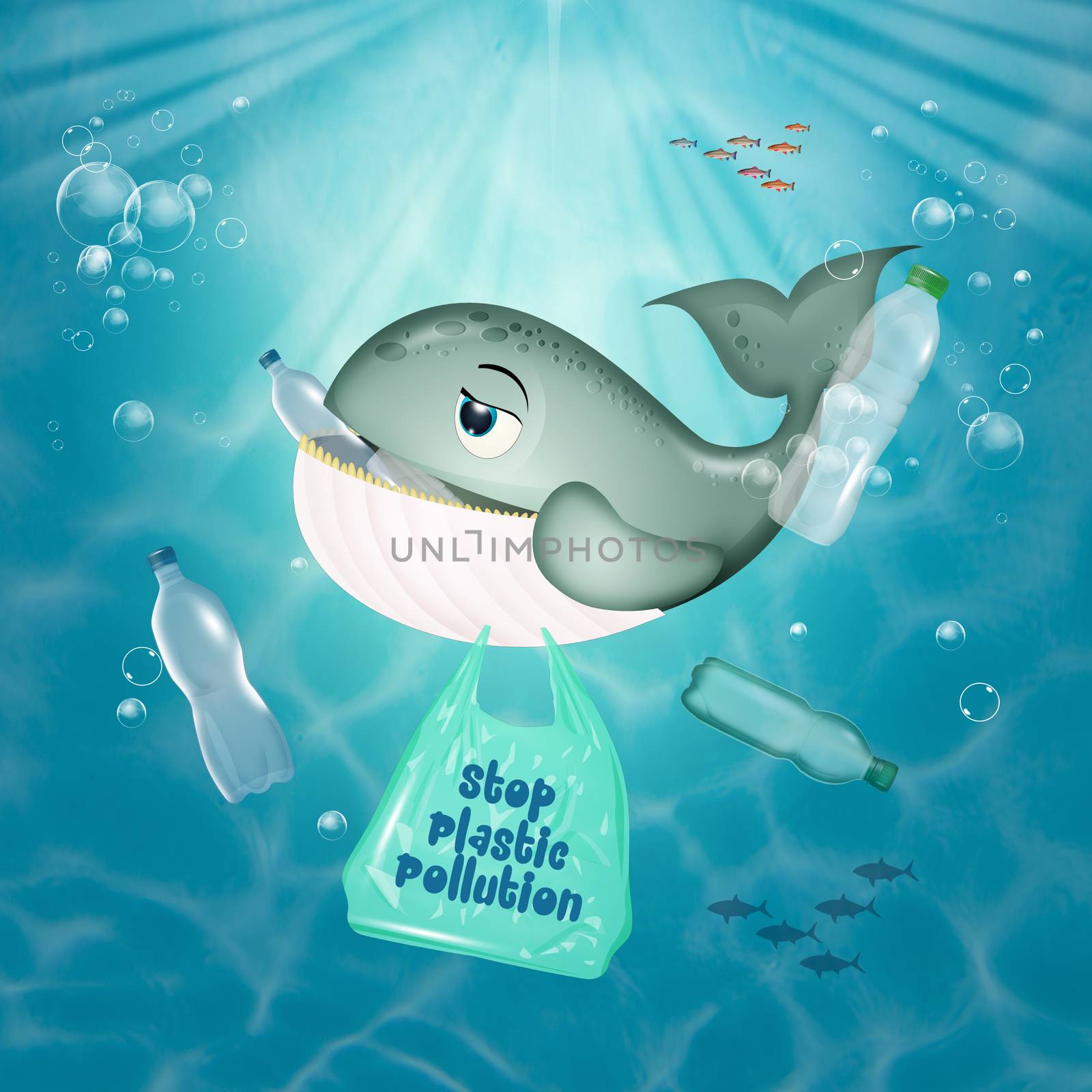 illustration of stop plastic pollution with an image of the whale eating plastic