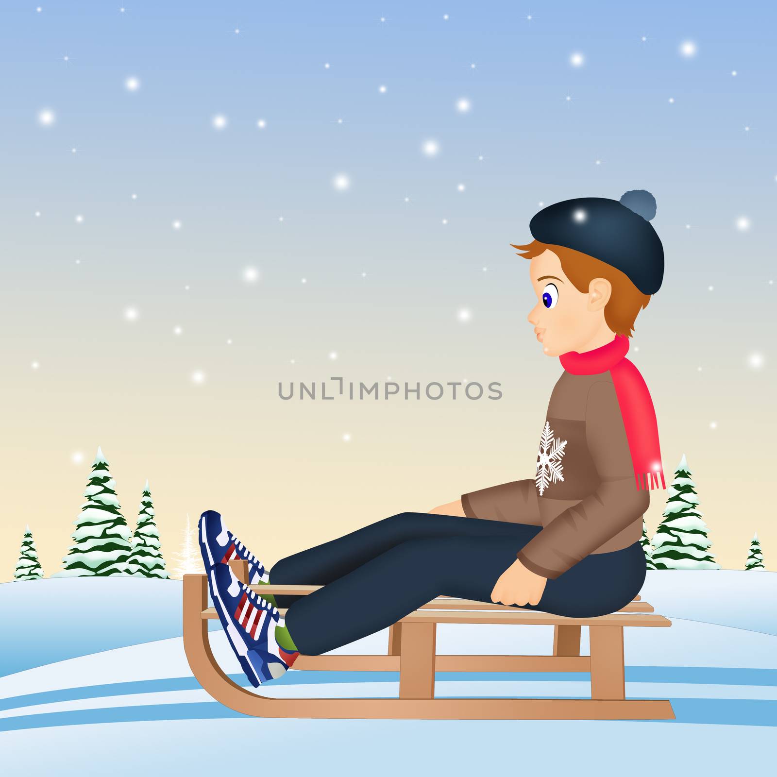 boy on sleigh in winter by adrenalina