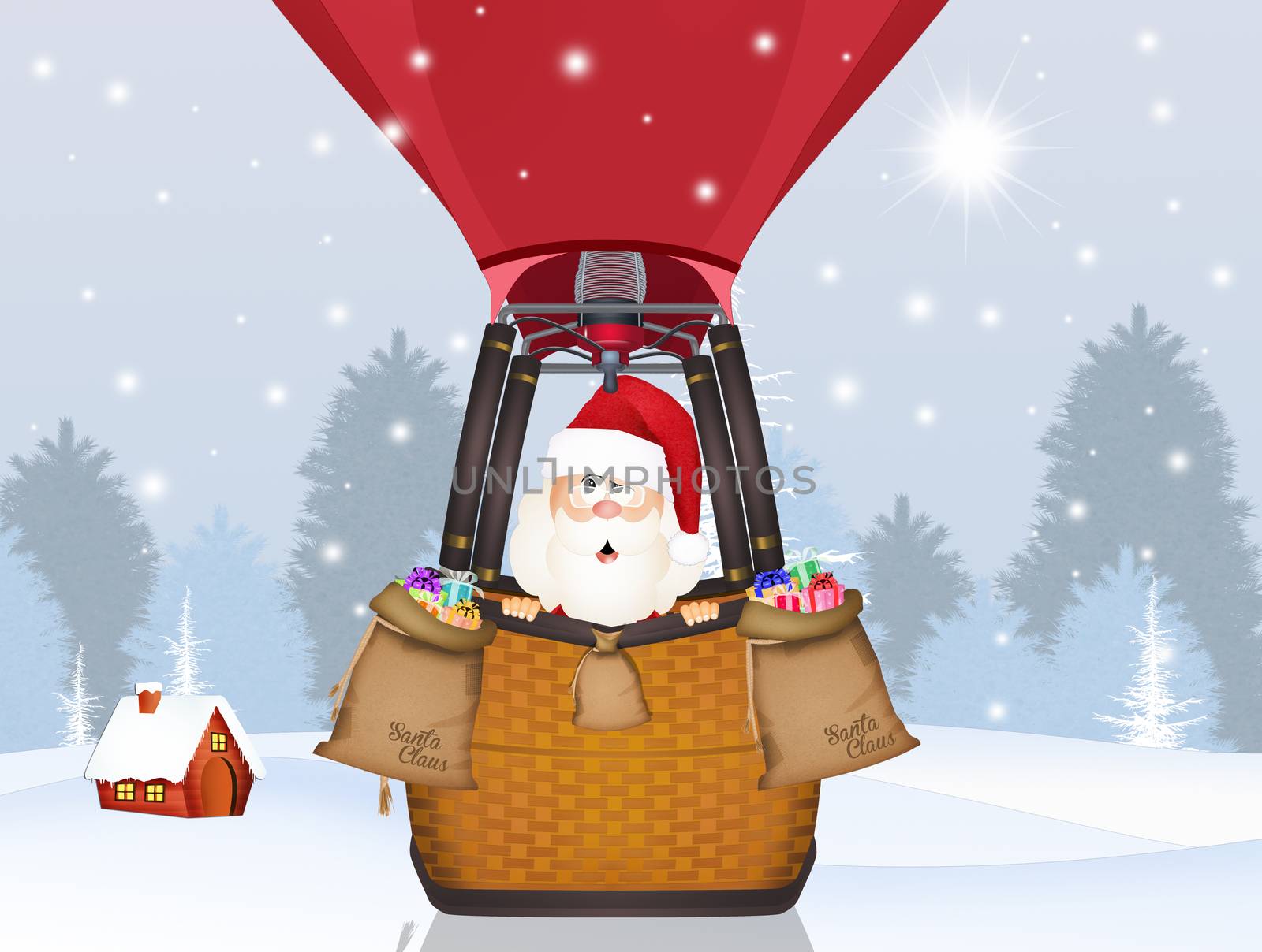 illustration of Santa Claus on hot air balloon