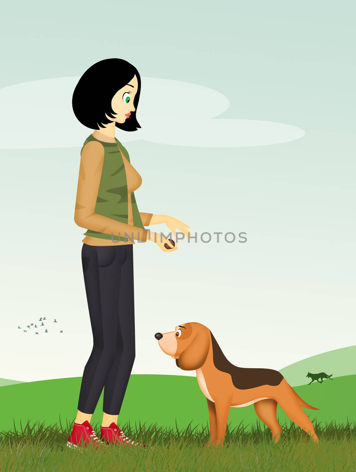 illustration of woman with truffle dog in the forest