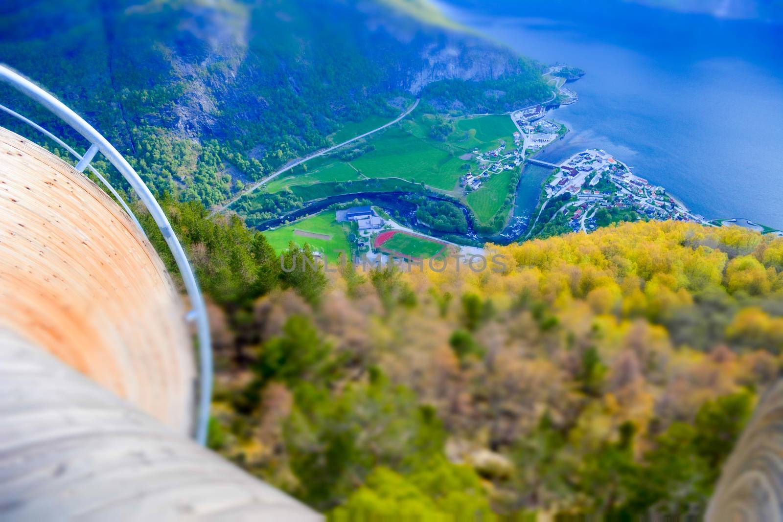 aerial view on Aurlandsvangen the administrative center of the municipality of Aurland in Sogn og Fjordane county, Norway, located on the east side of the Aurlandsfjorden. Travel and Tourism in Norway