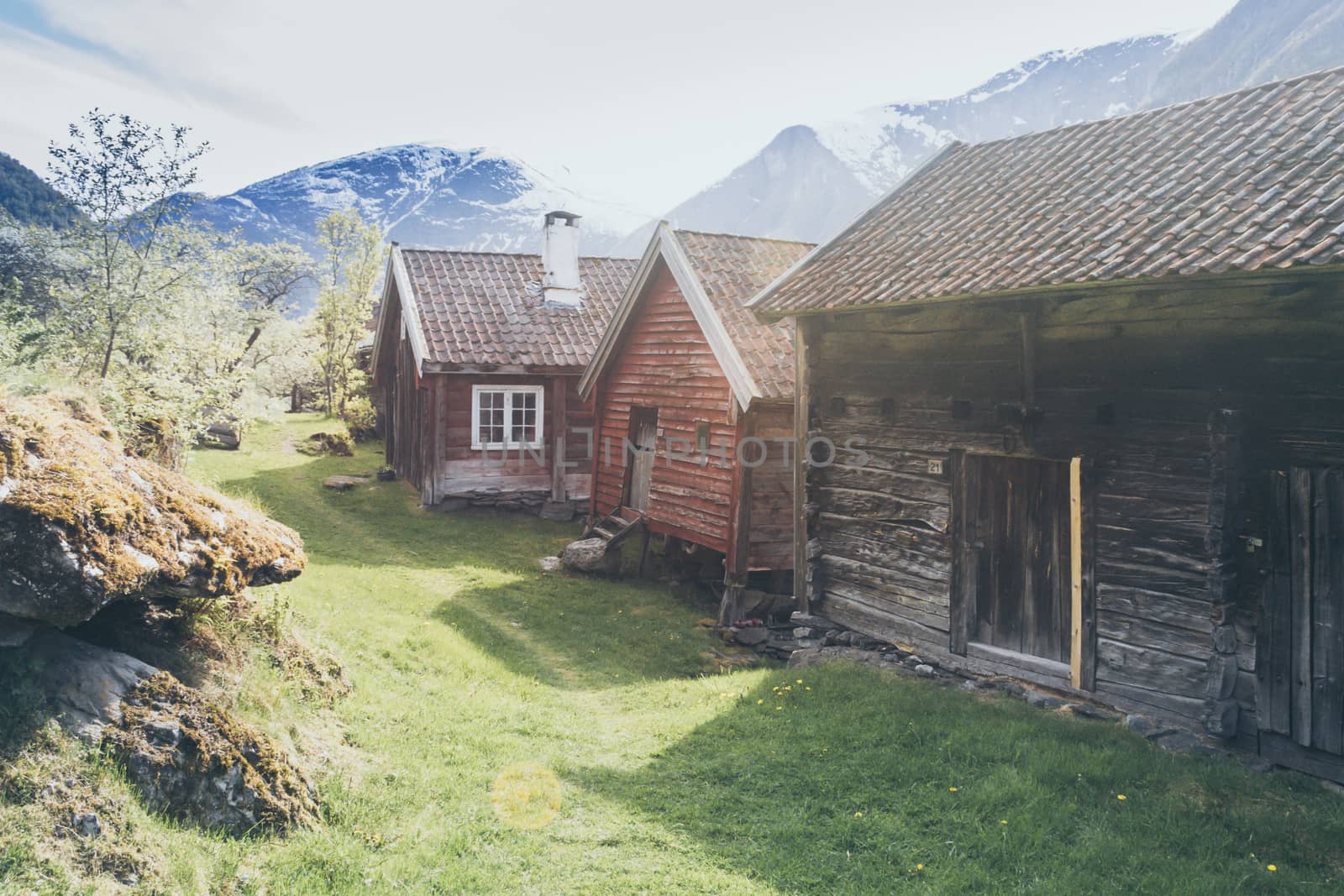 view on the wooden houses of this old historical farm village of Otternes, Norway by kb79