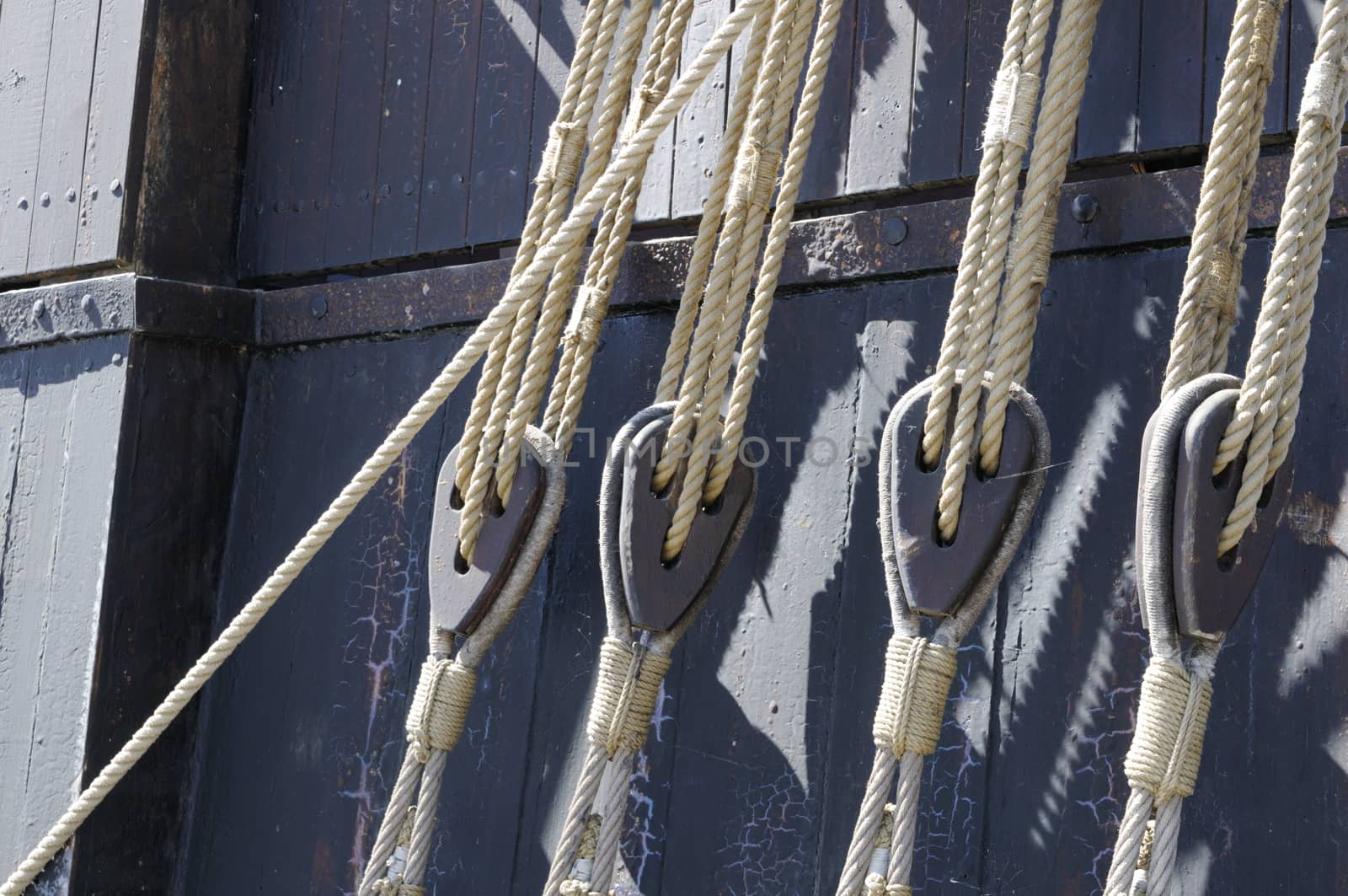 Ropes and pulleys on a ship.