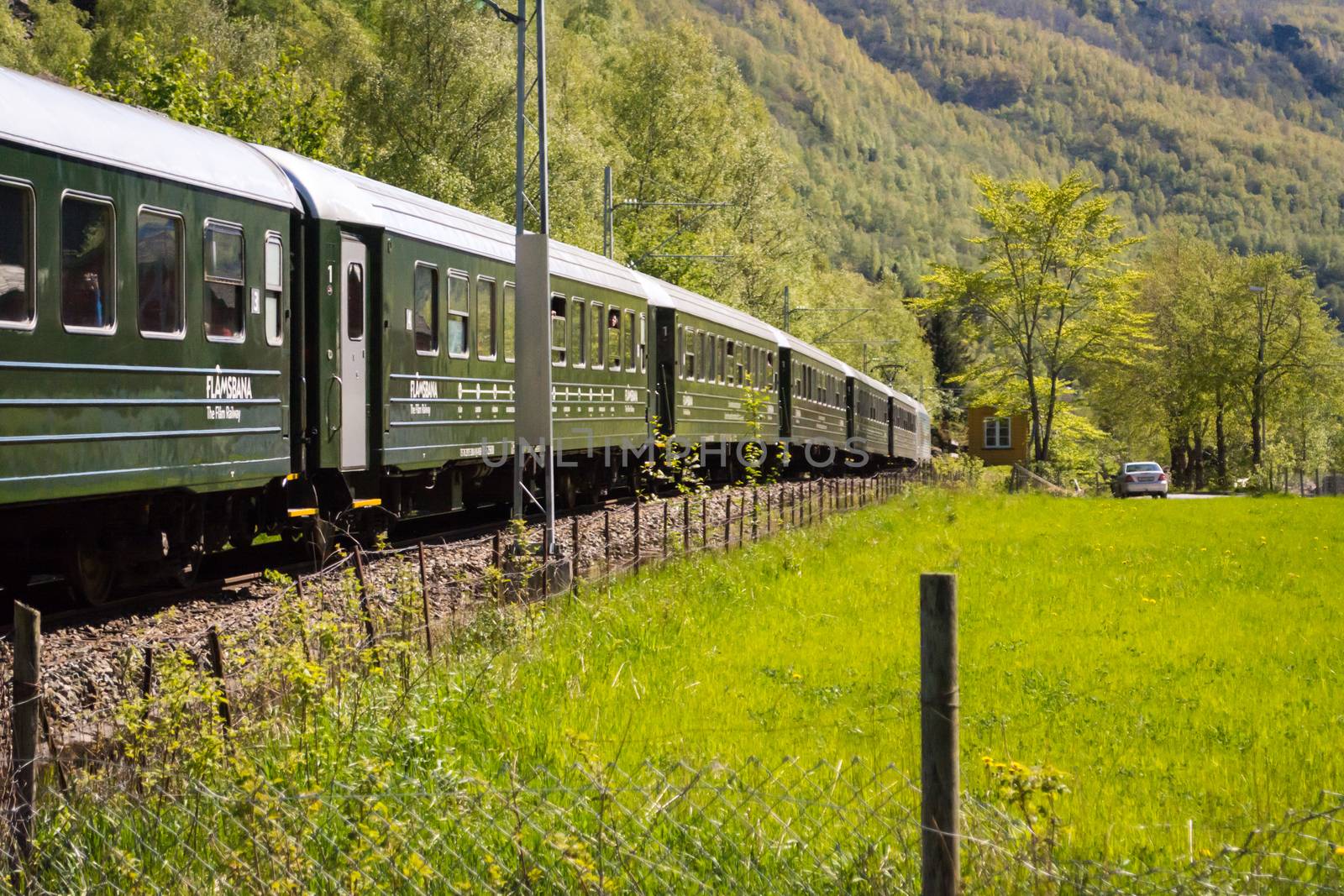 train carriages of the Flamsbana (Flam Line) running through a green valley. Flam railway is a railway line between Myrdal and Flåm in Aurland, Norway. by kb79