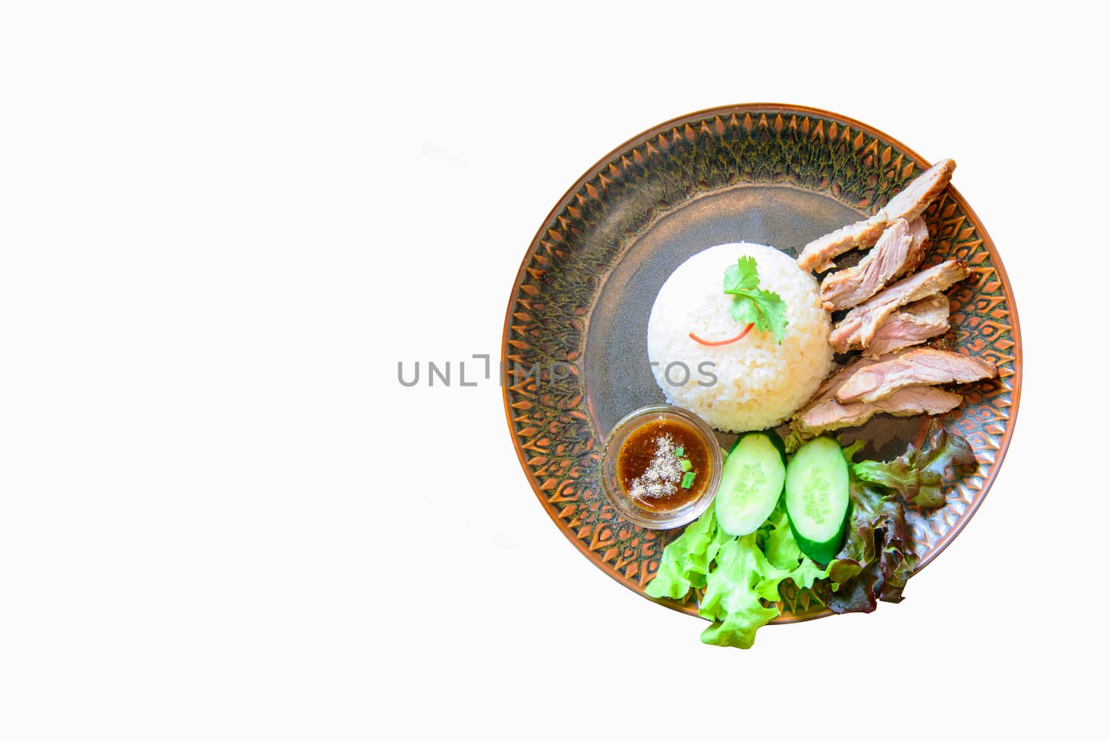 Roast pork with spicy souce rice on white background