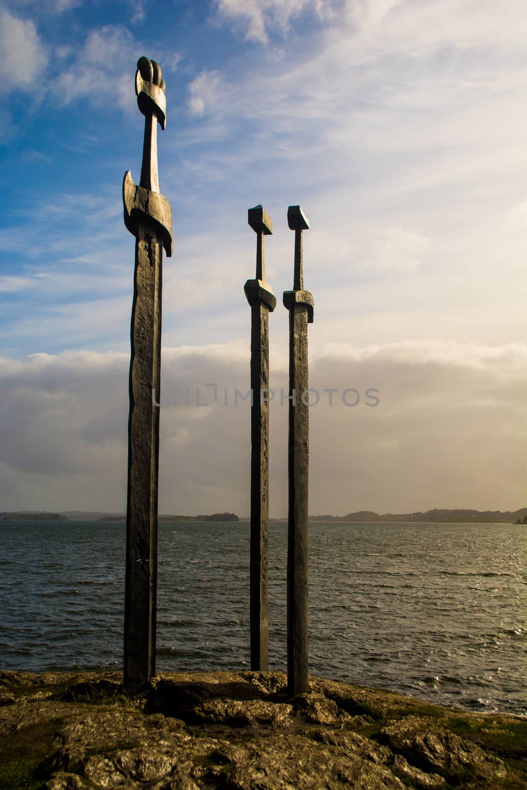 Hafrsfjord, Norway, May 2015: Swords in the rock monument by kb79