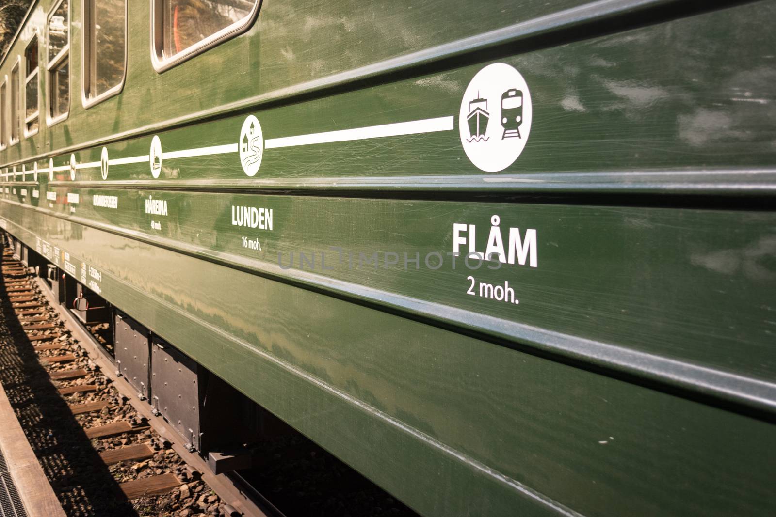 Flam, Norway, May 2015: exterior of a Flamsbana (Flam Line) train carriage, a long railway line between Myrdal and Flåm in Aurland, Norway. Part of the Bergen Line.