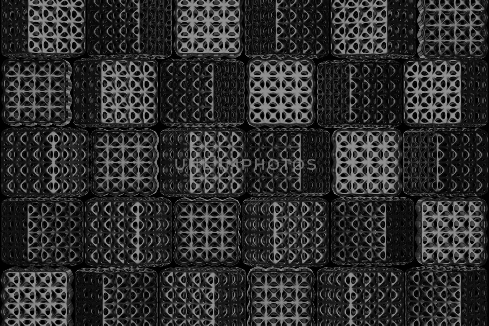 Shiny black square and holes penetrating from each side floating in the dark. The pattern of many black square shapes. The concepts of abstract background. 3D illustration rendering.