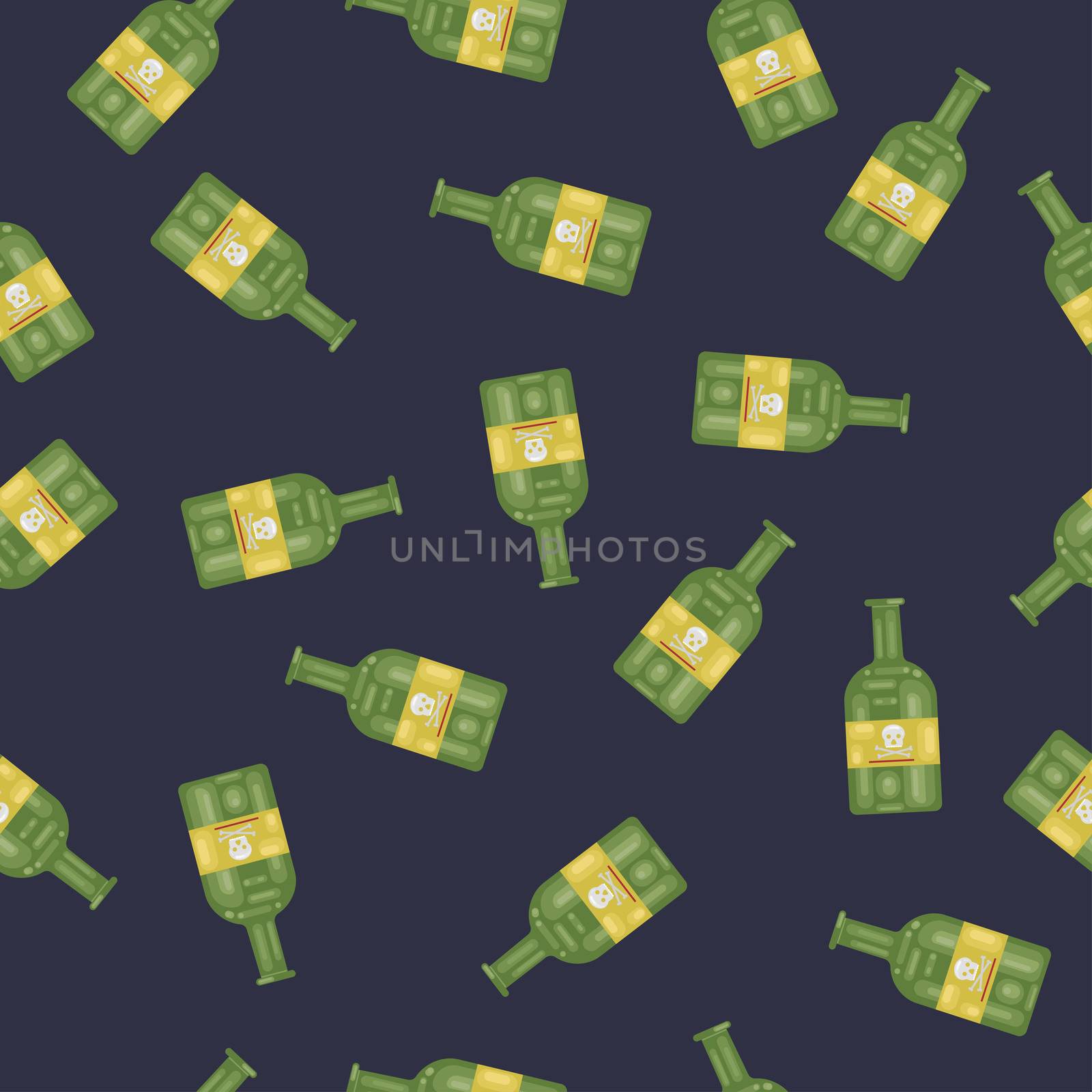 Seamless pattern poison bottle bottle flat icon. green bottle with skull bones isolated illustration by zaryov
