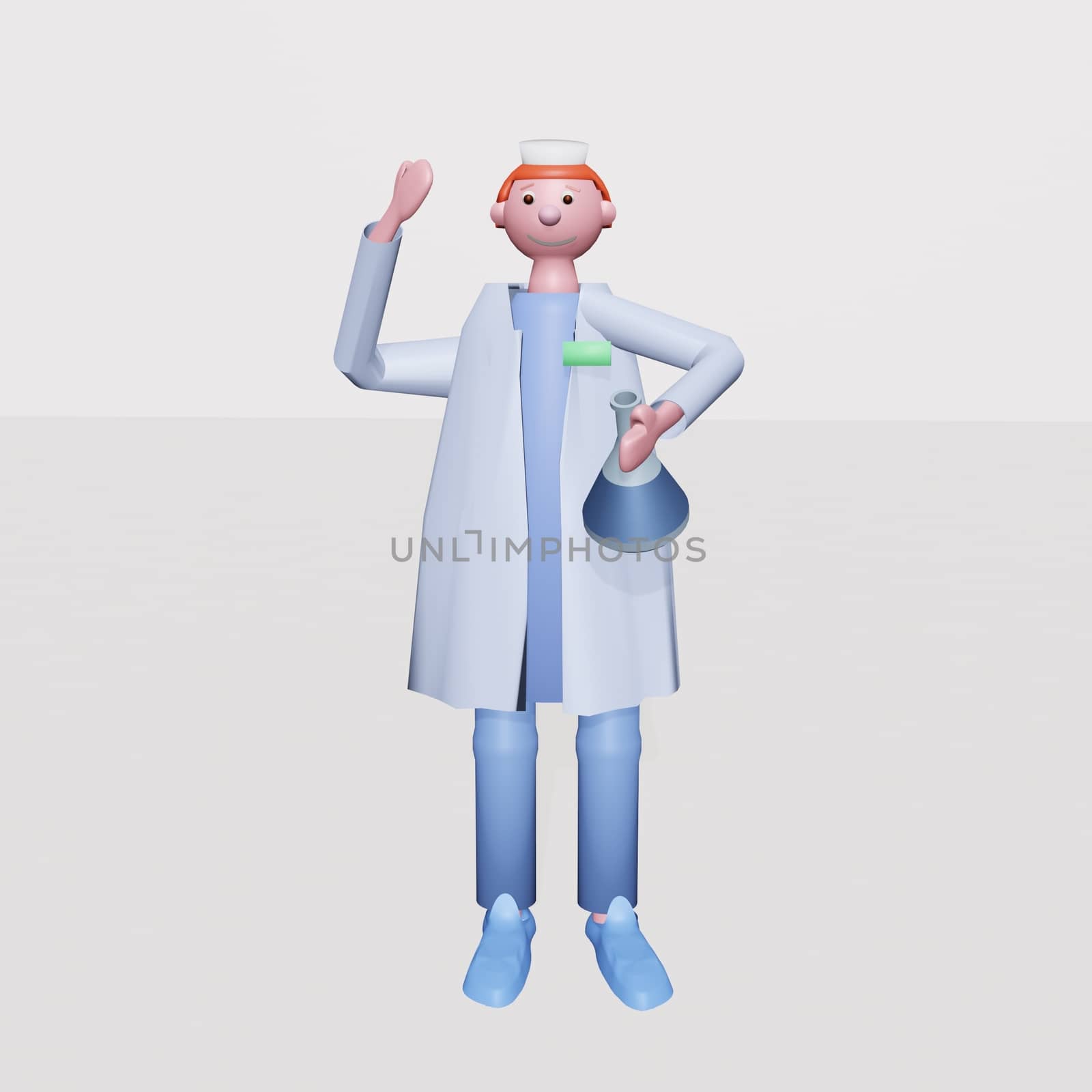 Medical scientist with a medical mask holding a glass test tube with liquid medicine or vaccine for the virus. Illustration in a cute plasticine style, 3D render volumetric view. by zaryov