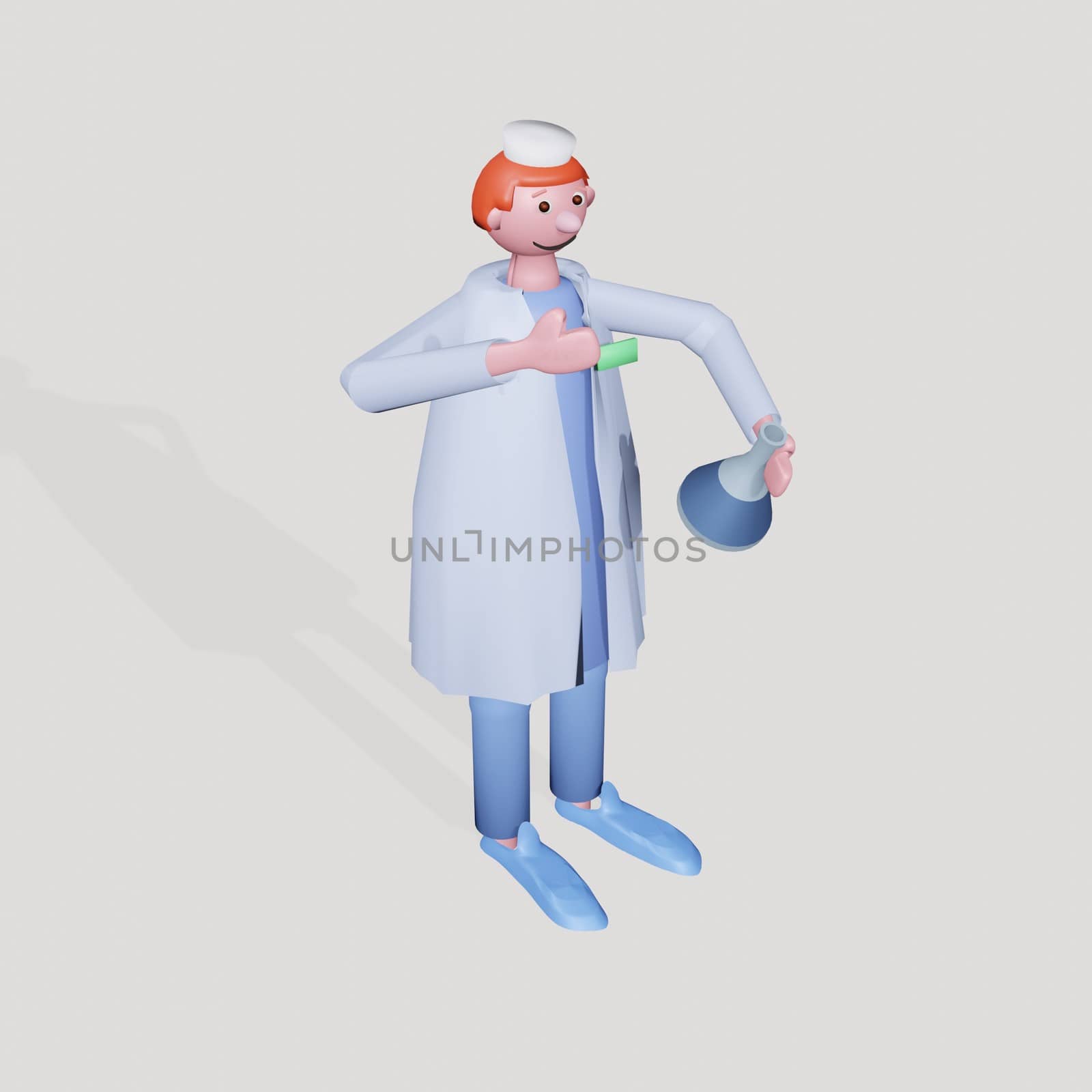 Medical scientist with a medical mask holding a glass test tube with liquid medicine or vaccine for the virus. Illustration in a cute plasticine style, 3D render volumetric view. by zaryov