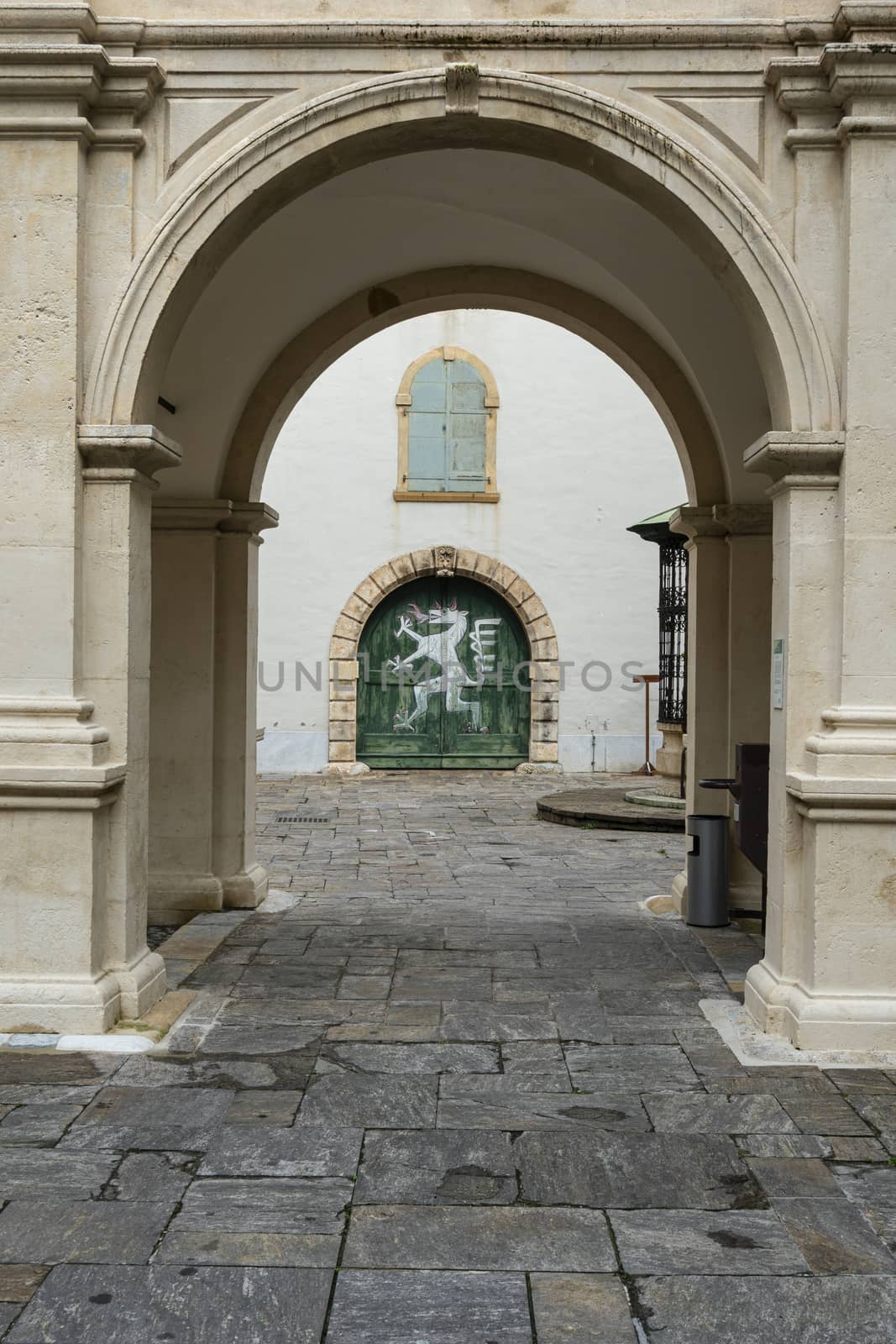 Graz, Austria. August 2020.  the coat of arms of the city drawn in a large entrance door in the courtyard of the Grazer Landhaus