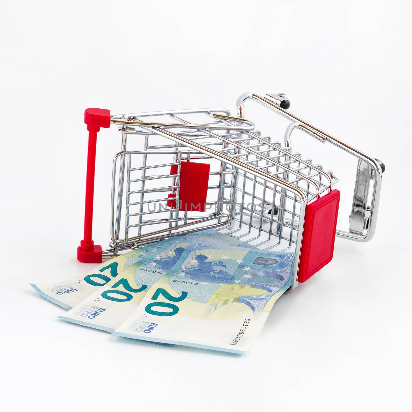 Italian shopping cart isolated on white background. Concept of crisis, purchasing power, taxes, economic difficulties.