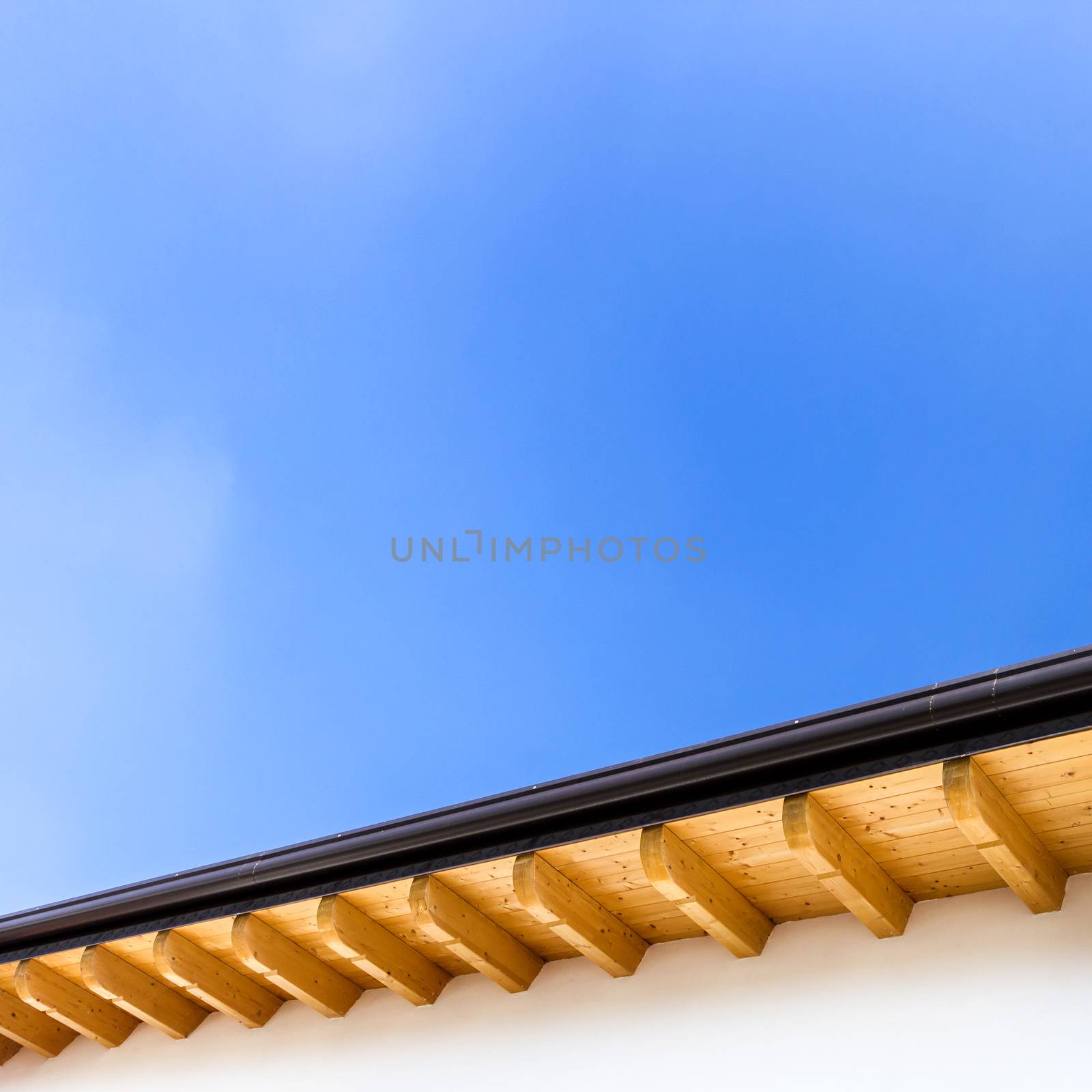 art of roof with wood rafters and planks. Italian house.