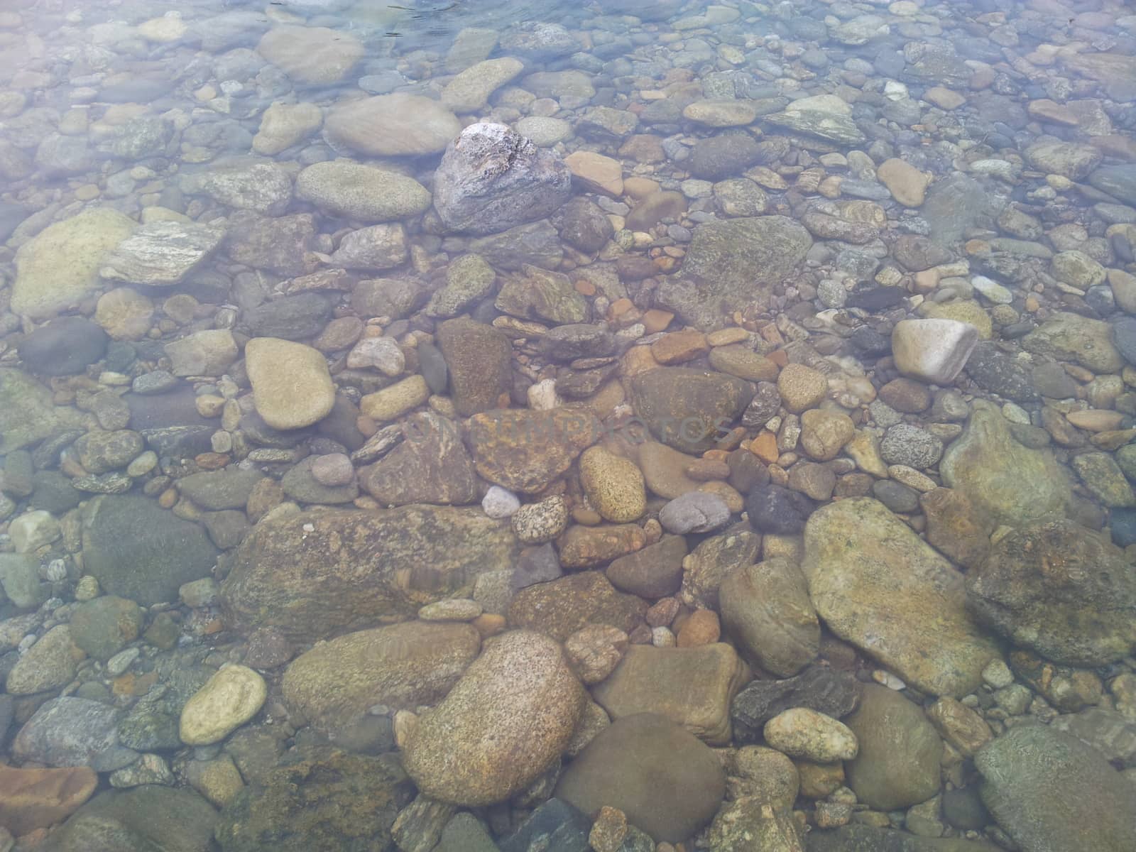 Transparent water surface with copy space for background and texture. Transparent water texture with view of stones under water.