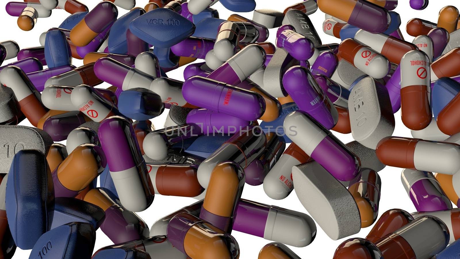 Colorful capsule pills (3d rendered) with transparent gel body and shining looks over a white background.