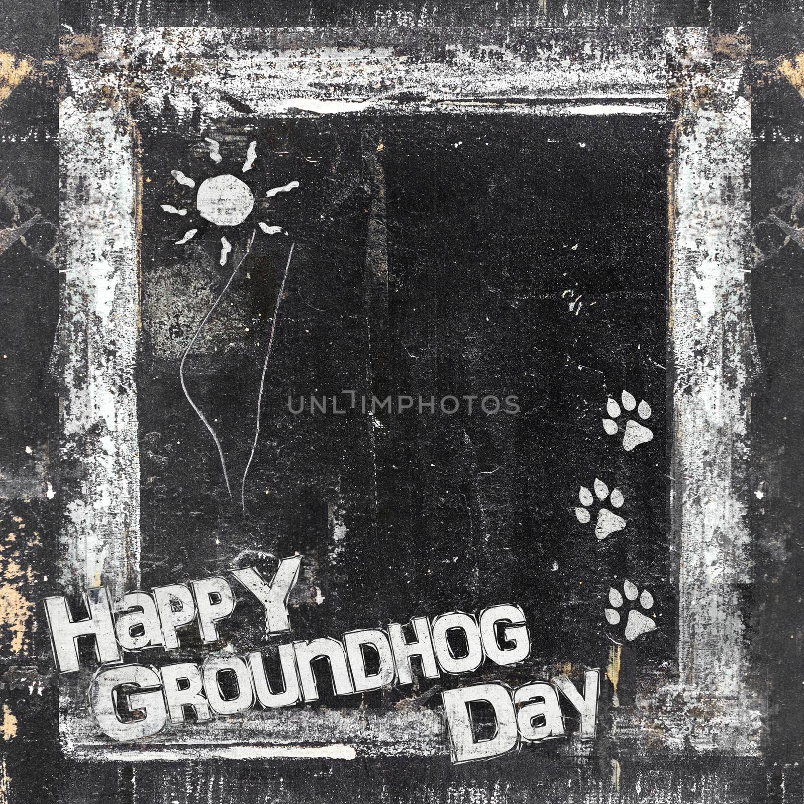 Groundhog Day small blackboard in grunge style, scratched and ruined. Dirty artistic design element, box, frame for text. Doodle frame.