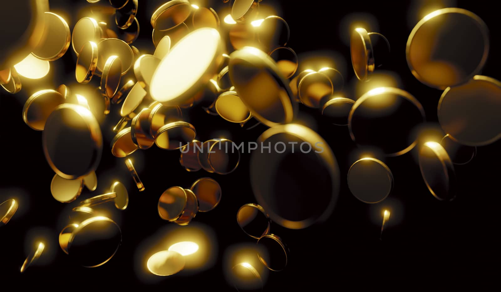 Gold coins falling on black background 3D render by Myimagine
