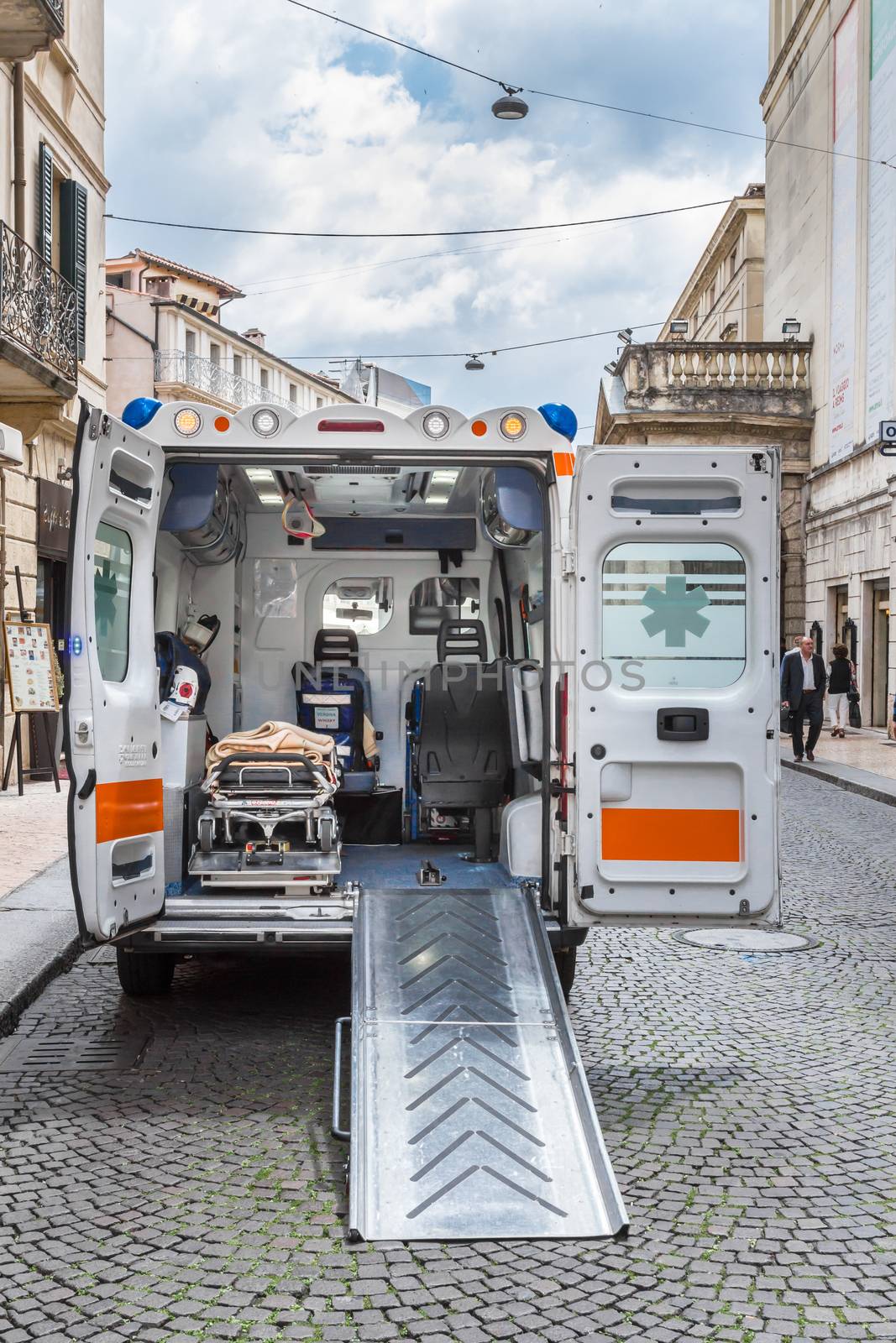 Verona, ITALY - May 25, 2017: ambulance and equipment views from inside.