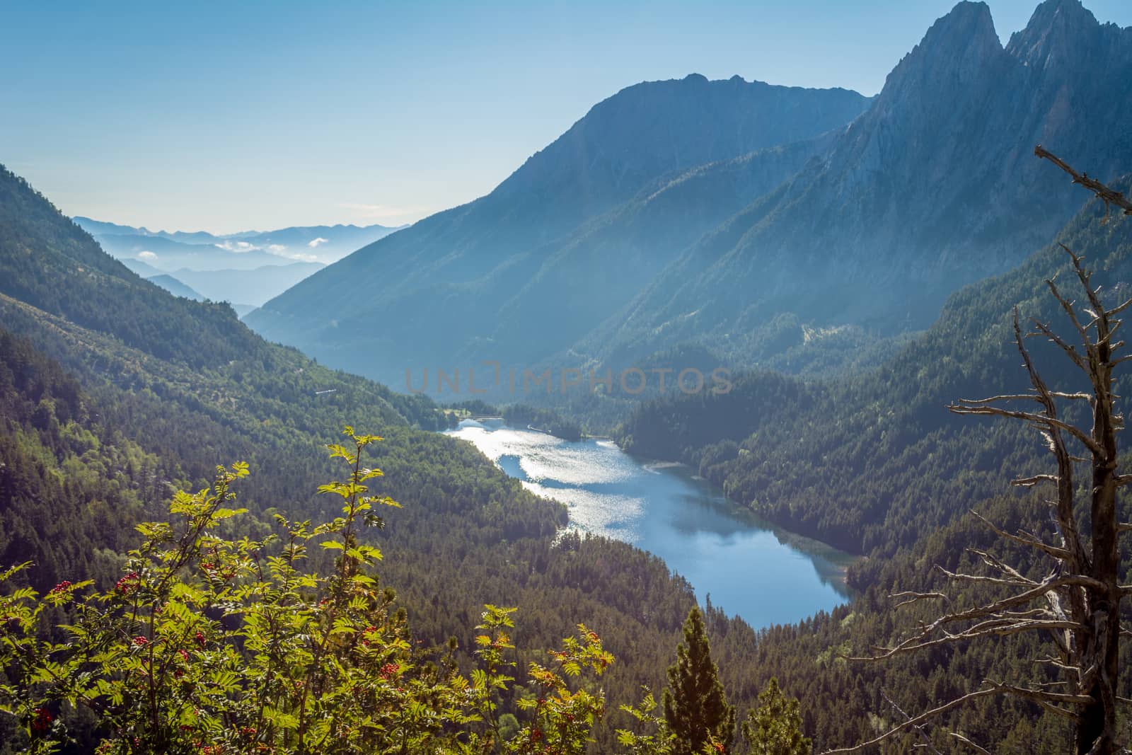 El Mirador de L'Estany, viewpoint, lookout and nature and landscape during hiking in the Spanish Pyrenees. Travel and tourism in Spain.