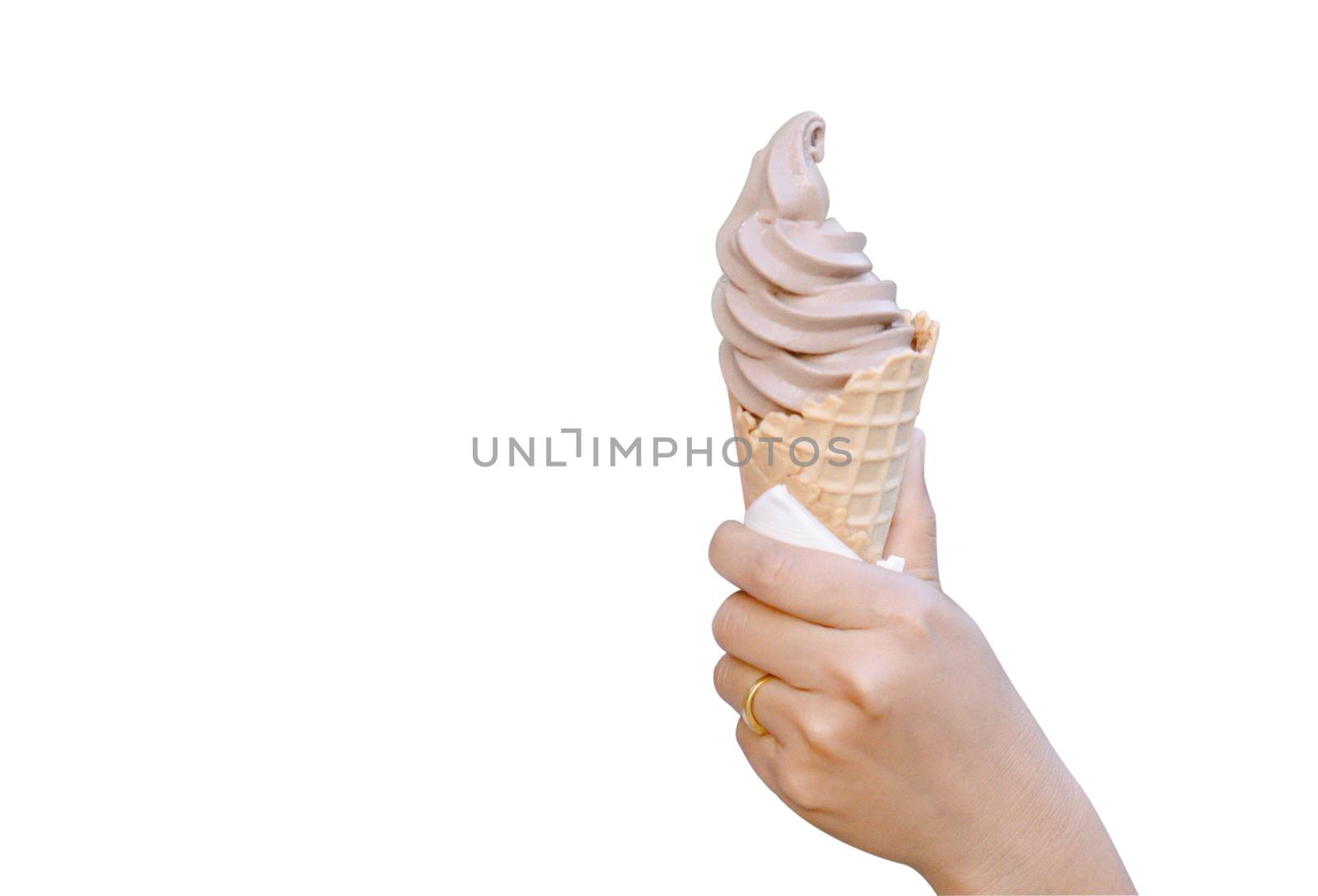 Close up hand holding chocolate ice cream isolated on white background