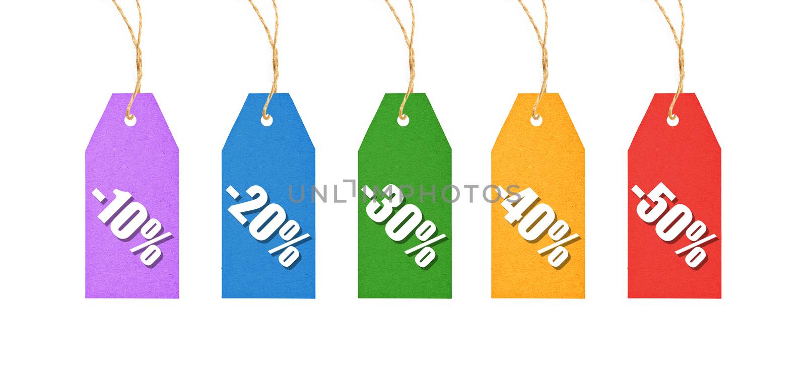 Set of colorful multicolor paper label tags with shopping discounts hanging on twine strings isolated on white background