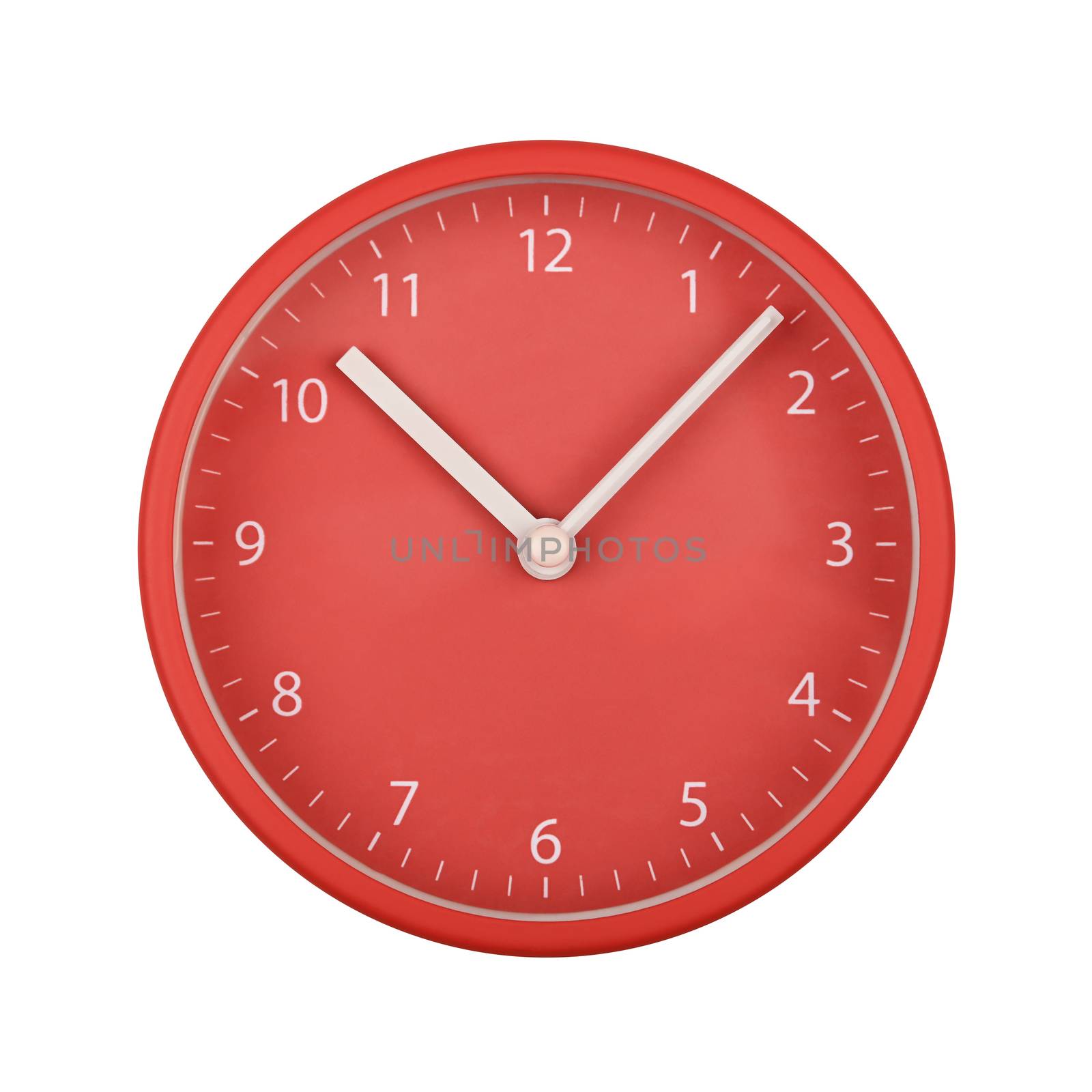 Close up red wall clock face dial with Arabic numerals, hour and minute hands isolated on white background