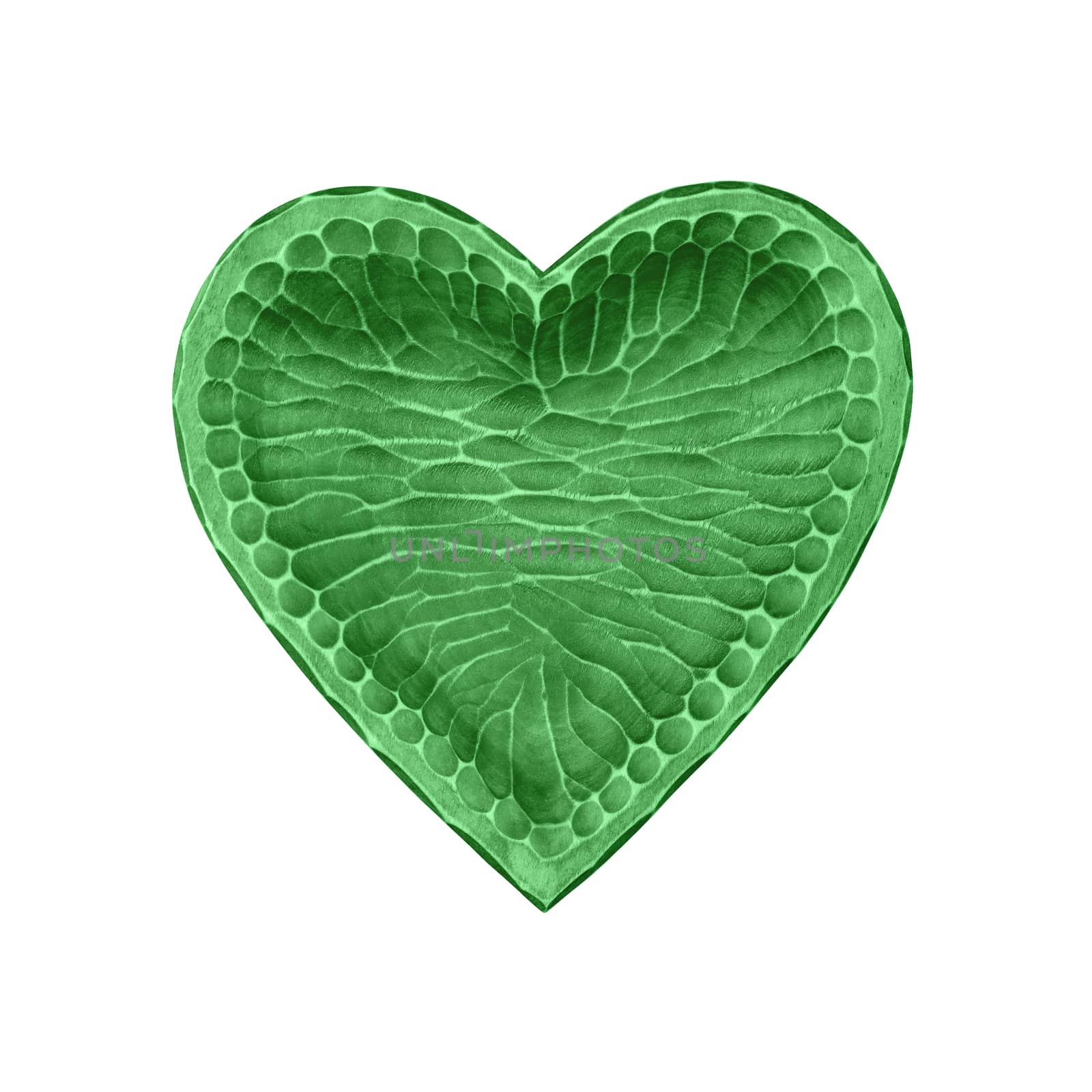 Close up one green painted natural wooden carved heart shaped empty bowl isolated on white background