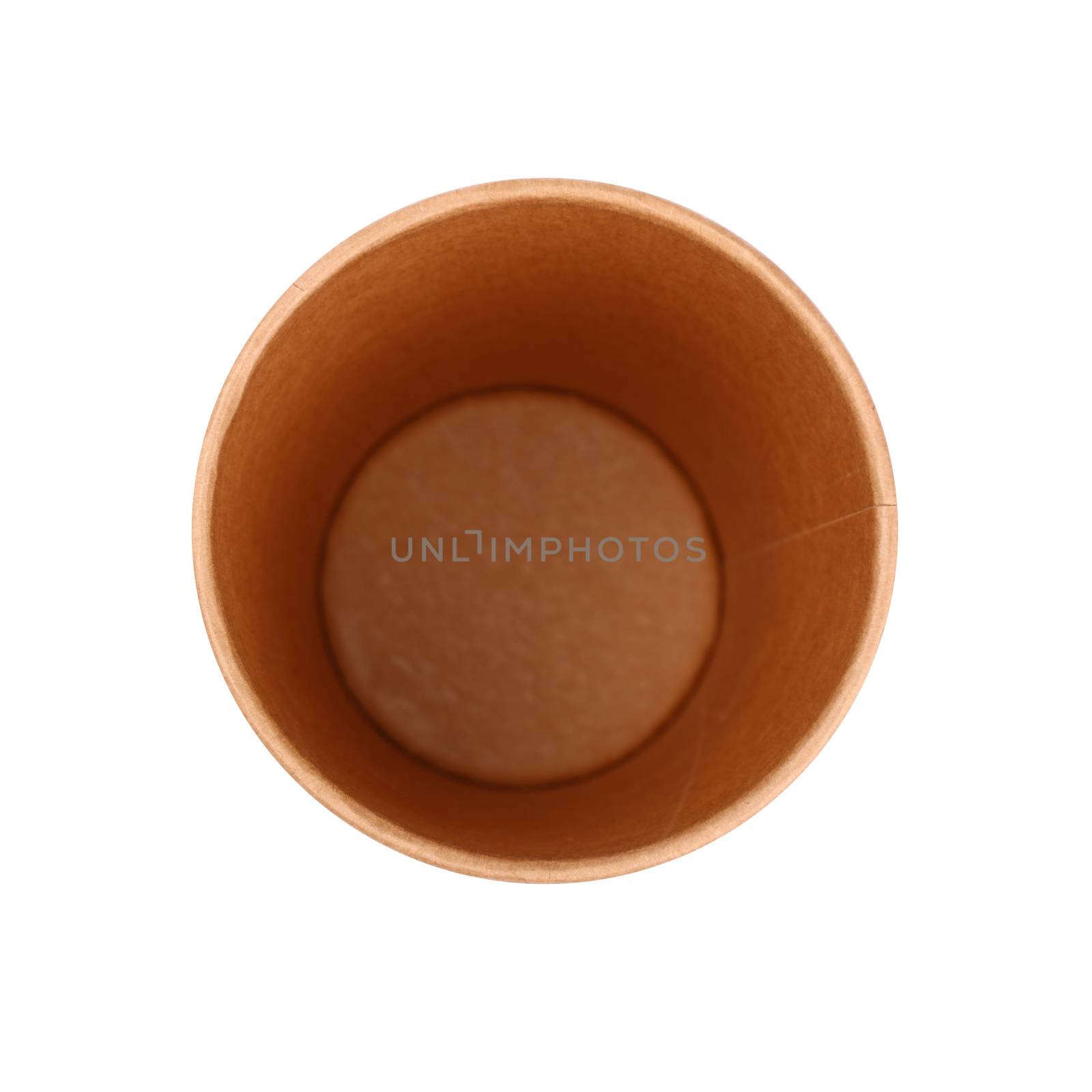 Close up one big empty brown paper coffee to go cup isolated on white background, elevated top view, directly above