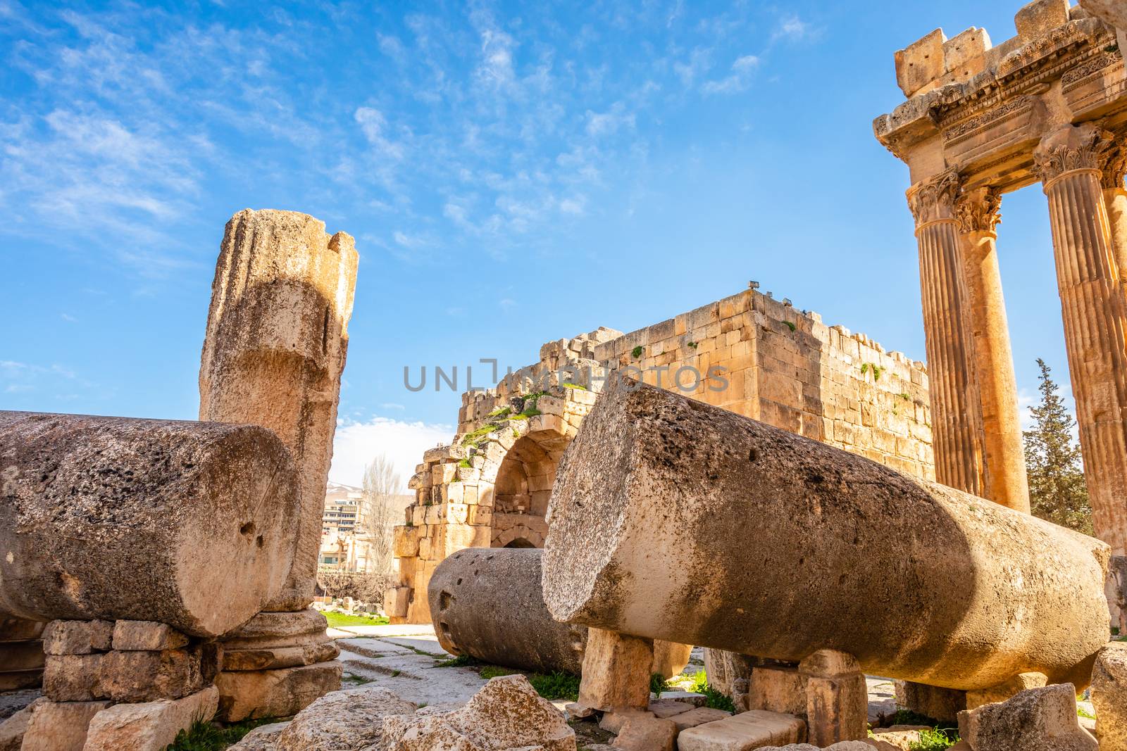 Ancient ruins of Jupiter temple with blue sky in the background, Bekaa Valley, Baalbek, Lebanon