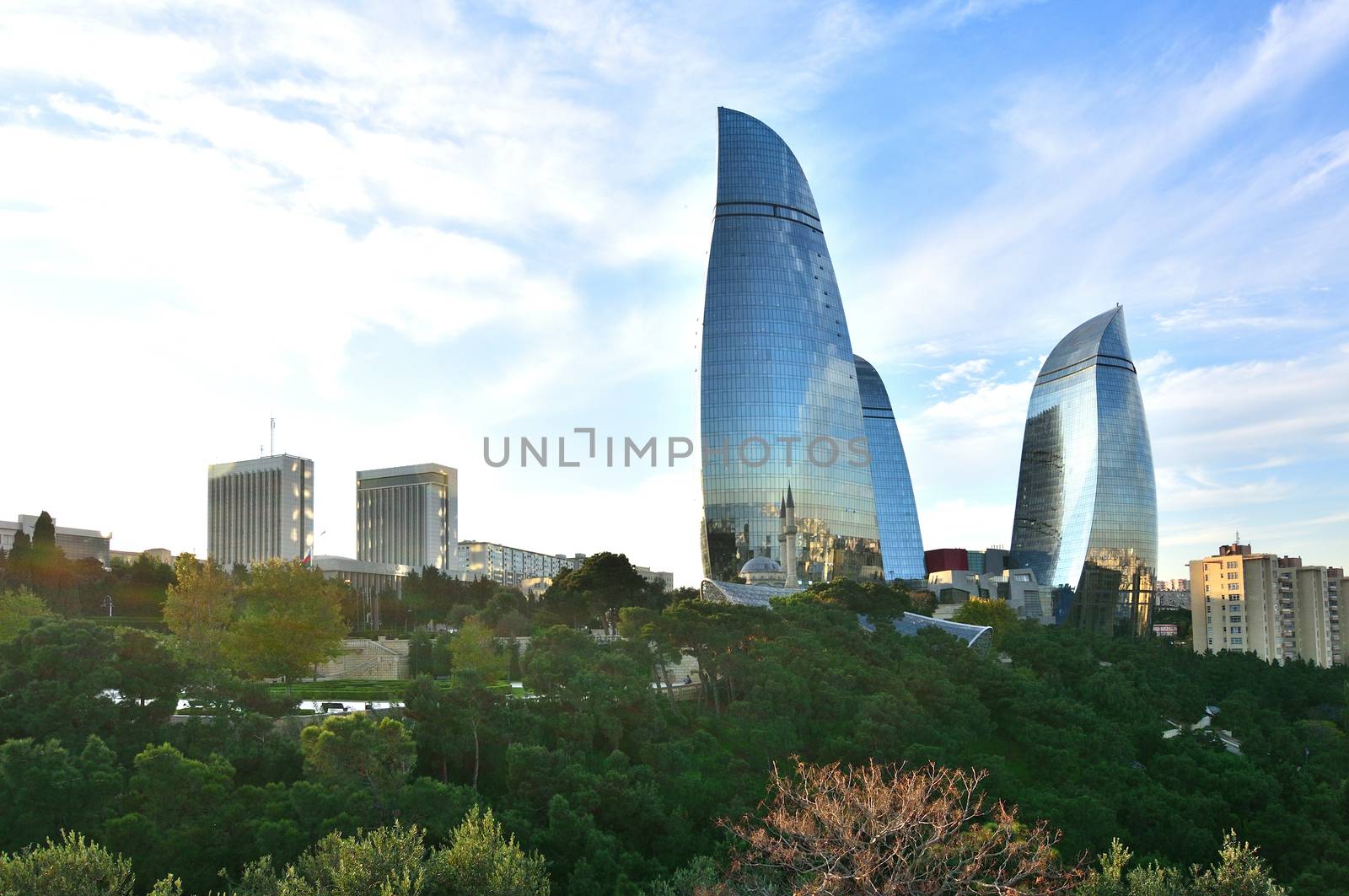 View of Baku from the road near the bouleward on the Caspian Sea in Azerbaijan.