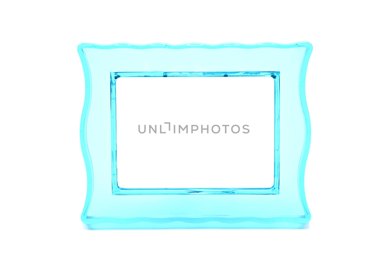 Vintage transparent plastic turquoise color photo frame on an isolated white background.