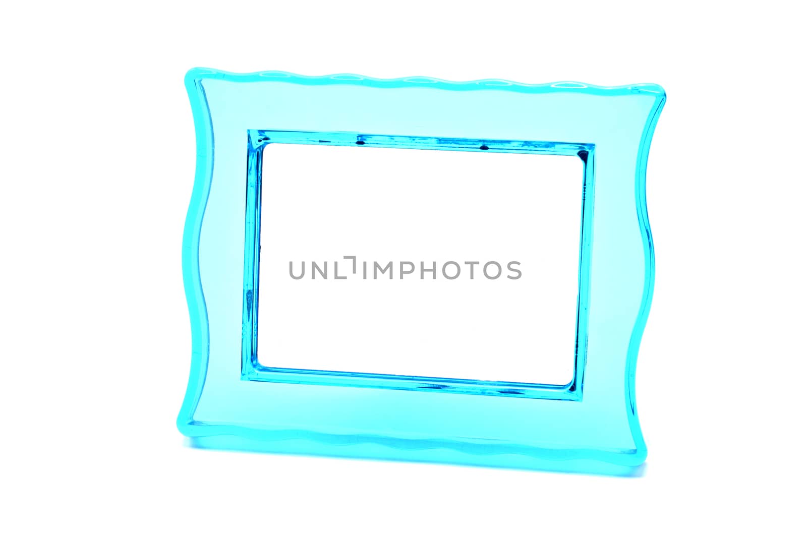 Vintage transparent plastic turquoise color photo frame on an isolated white background.