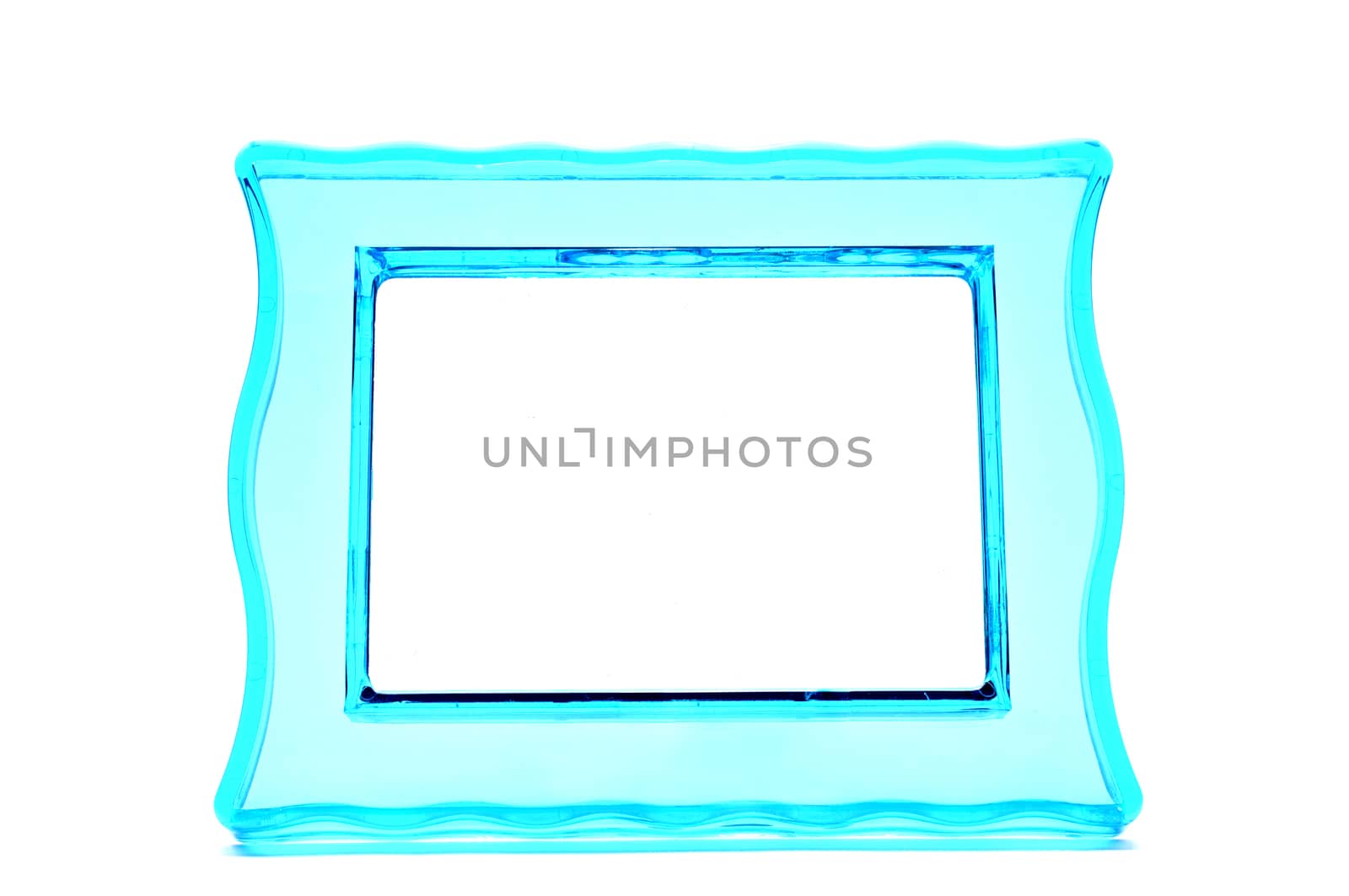 Vintage transparent plastic turquoise color photo frame on an isolated white background.