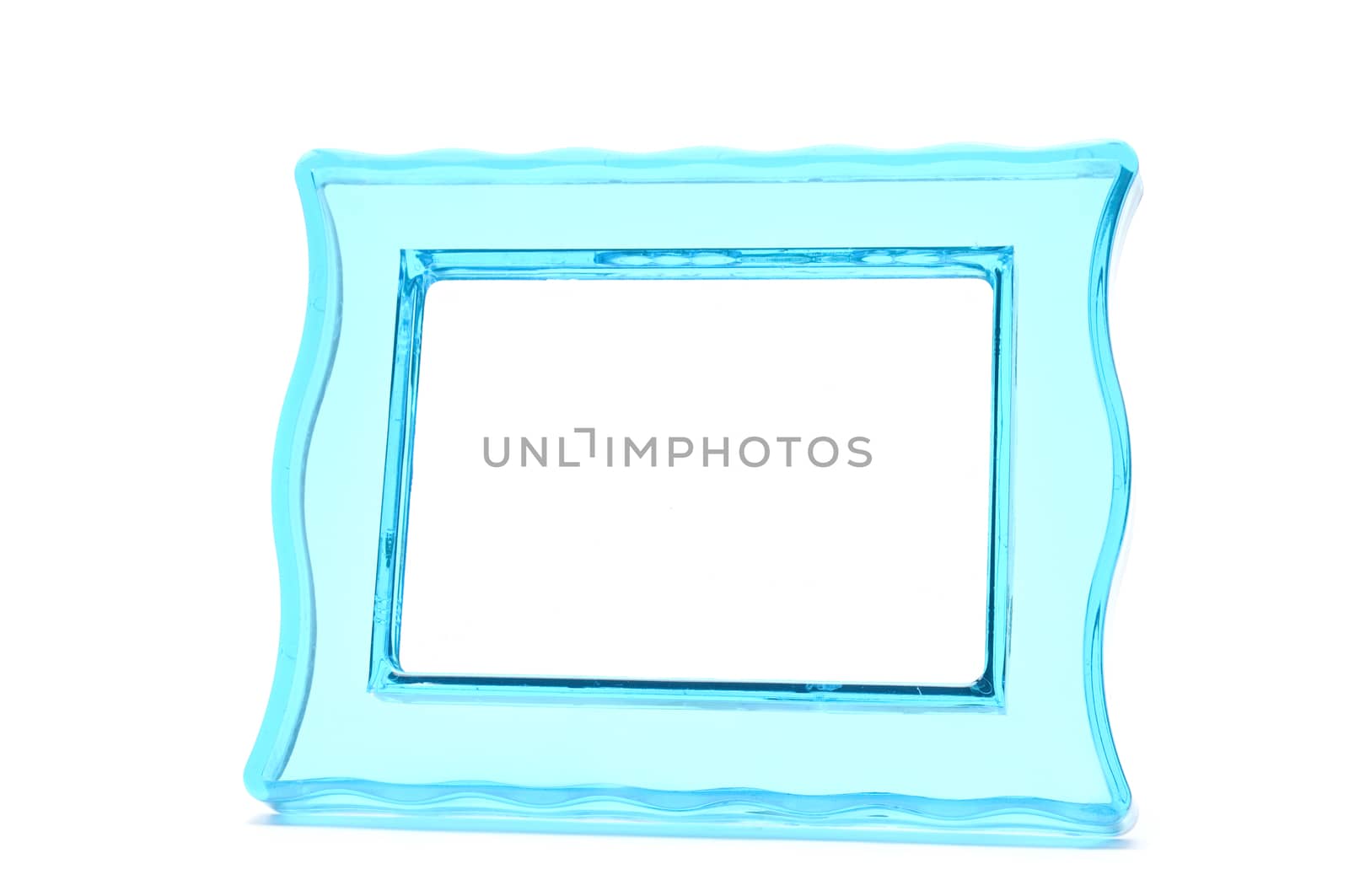 Vintage transparent plastic turquoise color photo frame on an isolated white background.