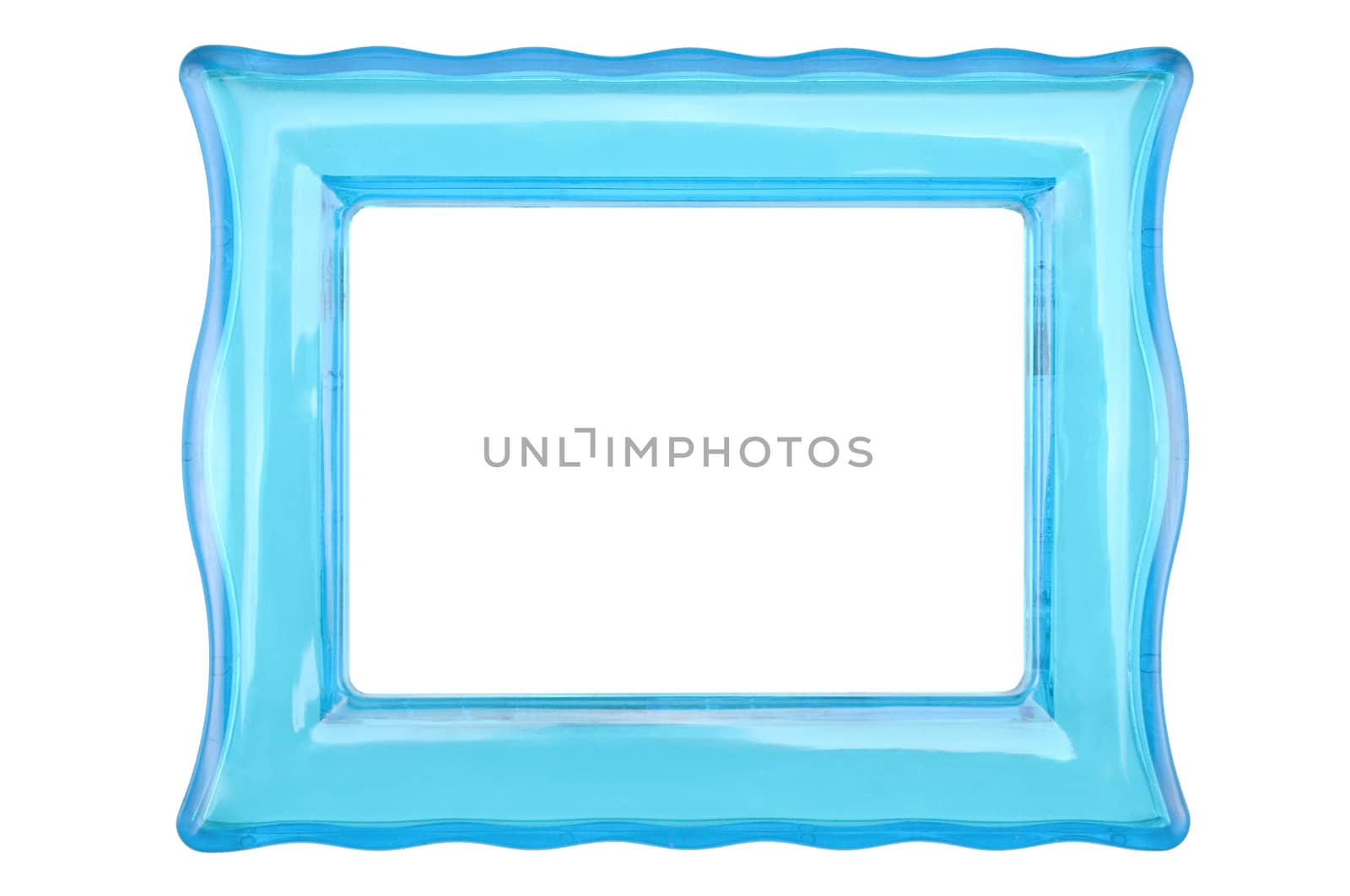 Vintage transparent plastic turquoise color photo frame on an isolated white background.