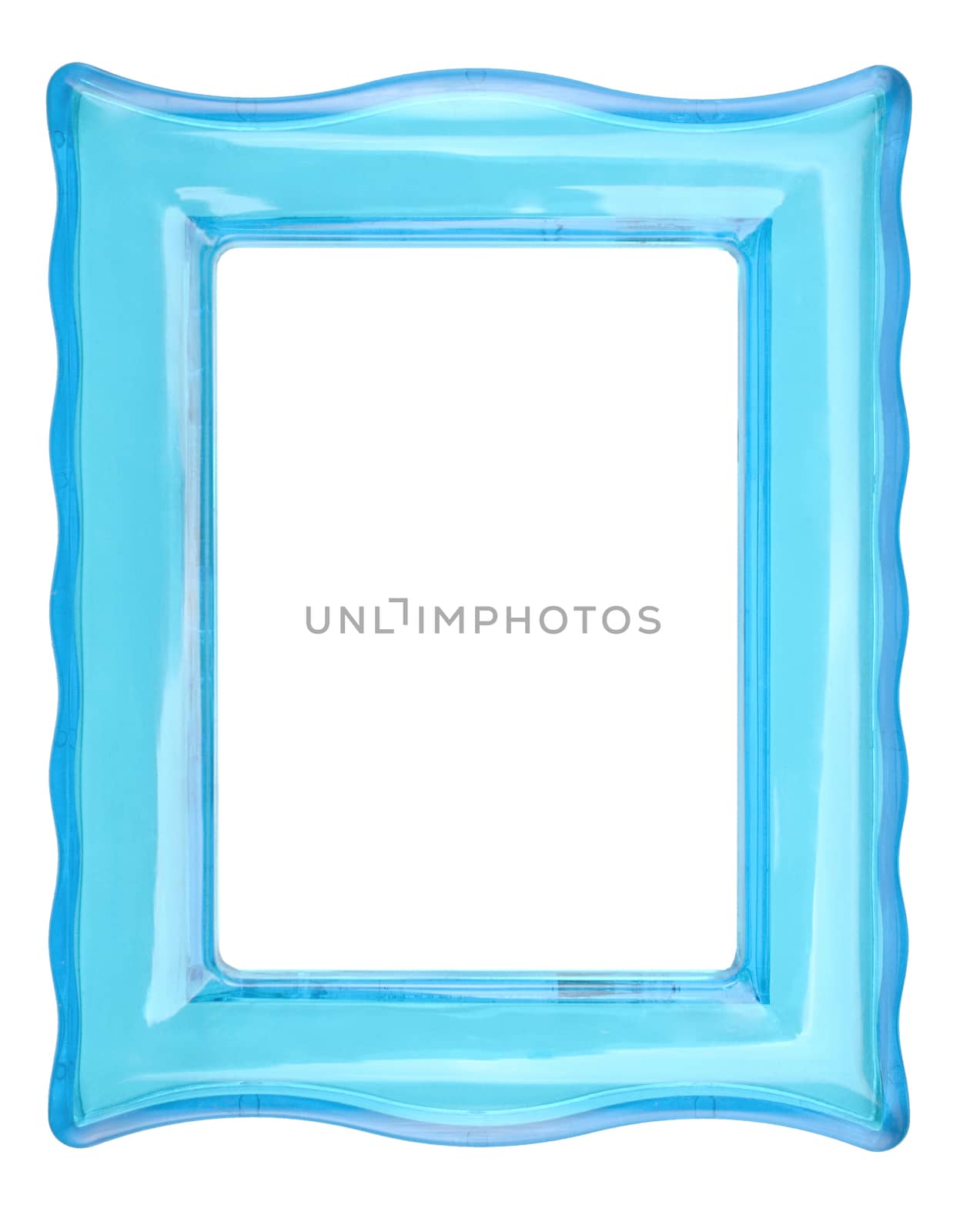 Vintage transparent plastic turquoise color photo frame on an isolated white background.