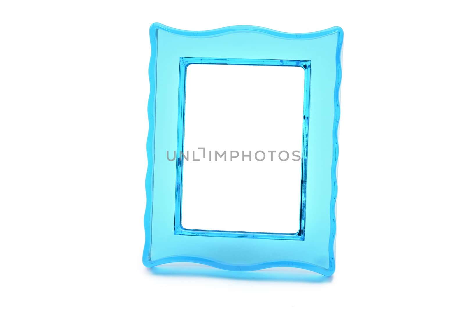 Vintage transparent plastic turquoise color photo frame on an isolated white background.