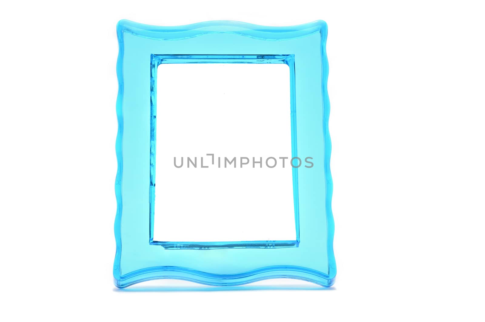 Vintage transparent plastic turquoise color photo frame on an isolated white background.