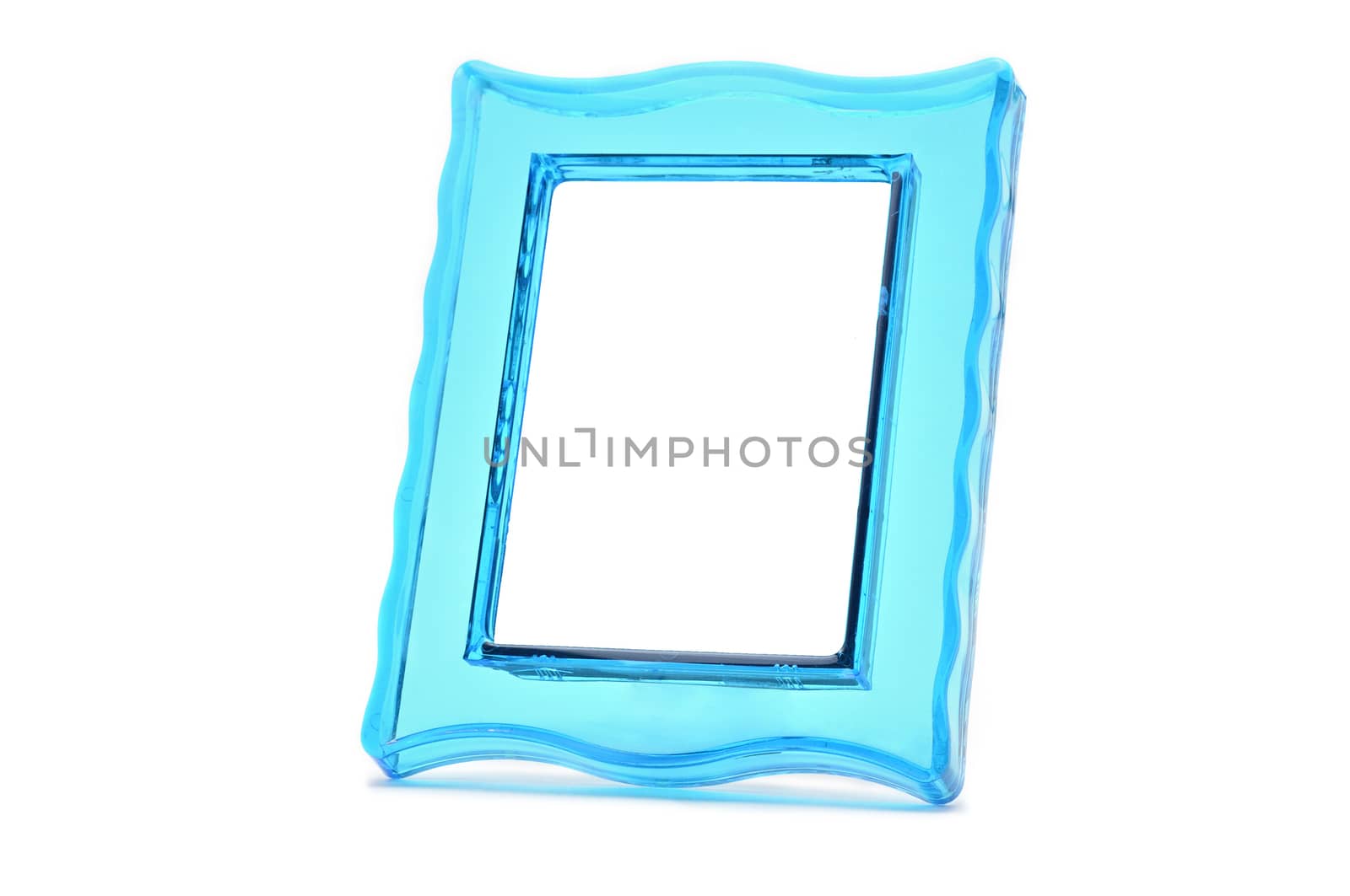 Vintage transparent plastic turquoise color photo frame on an isolated white background.