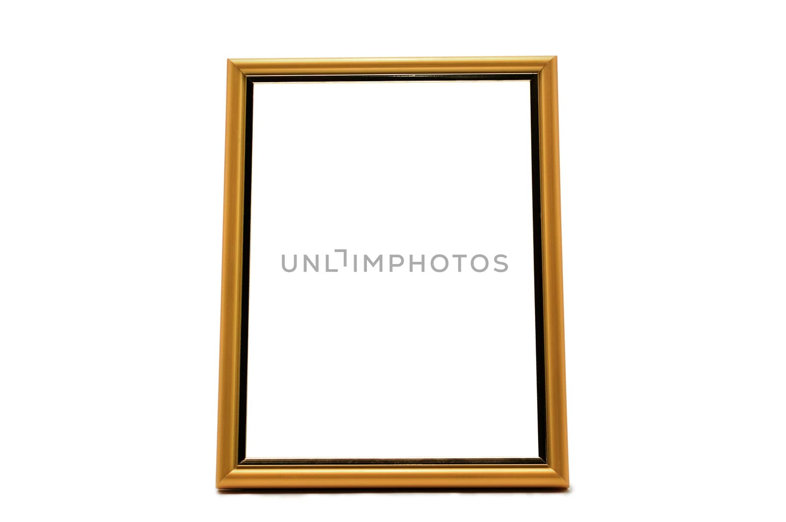 Vintage wooden and golden photo frame on an isolated white background
