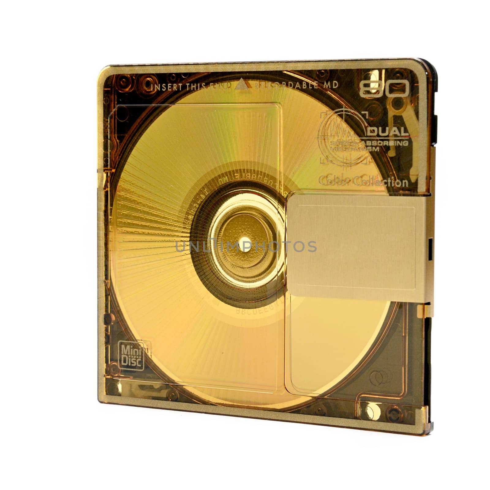 Compact rewritable Mini Disc- MD for digital recording released in the 90s on an isolated white background.