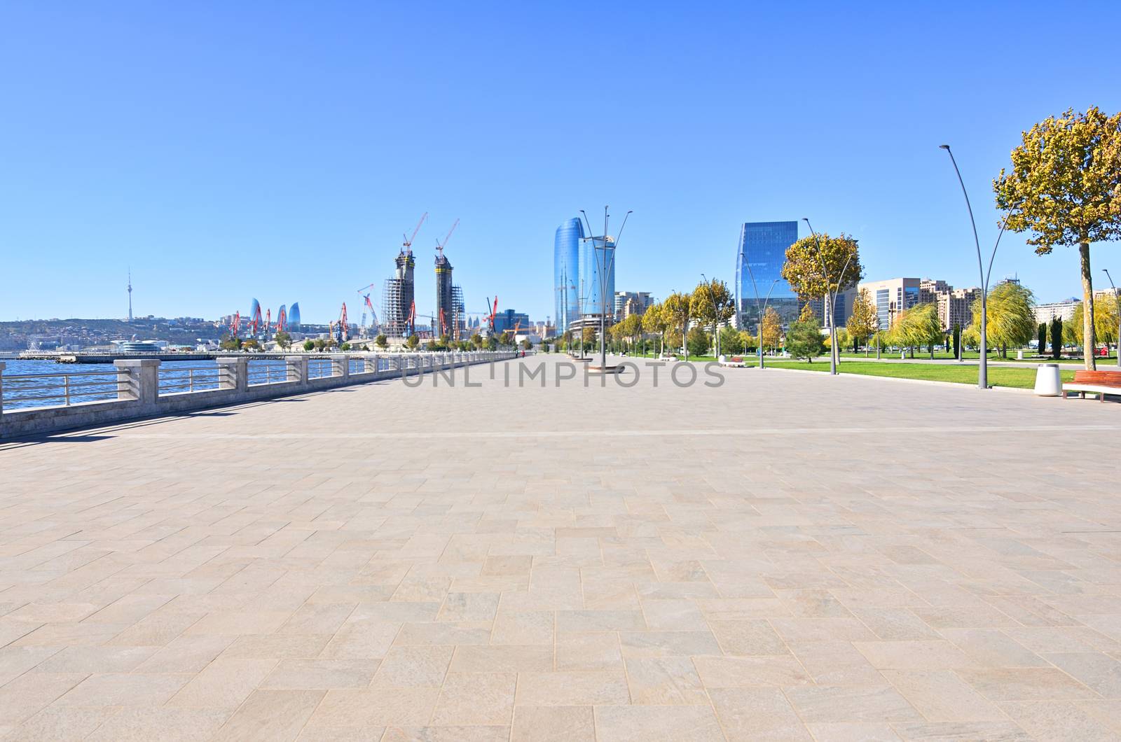Views on parts of the city and architecture from the shores of the Caspian Sea in Baku.Azerbaijan