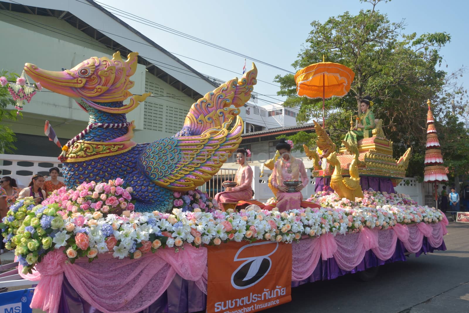 Samut Prakan,Thailand-APRIL 13,2017: Songkran Festival in the Thai-Mon style, featuring a magnificent parade, and see a procession of swan and centipede flags.