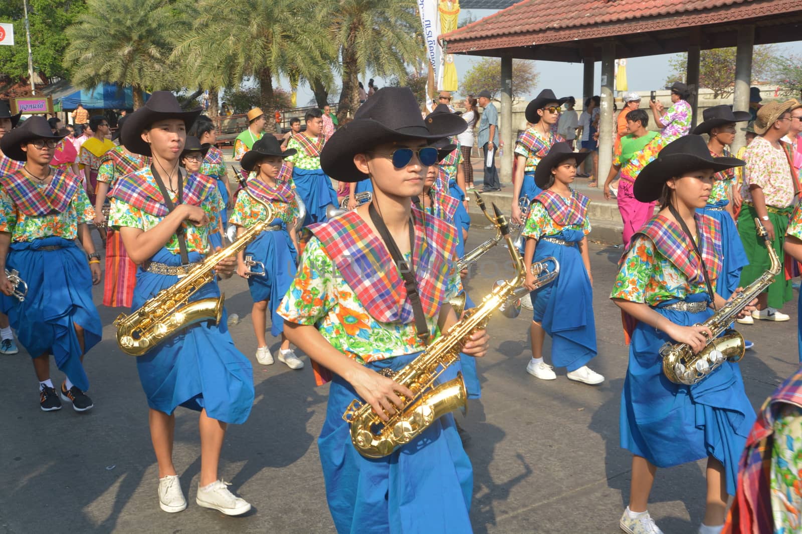 Samut Prakan,Thailand-APRIL 13,2017: Songkran Festival in the Thai-Mon style, featuring a magnificent parade, and see a procession of swan and centipede flags.