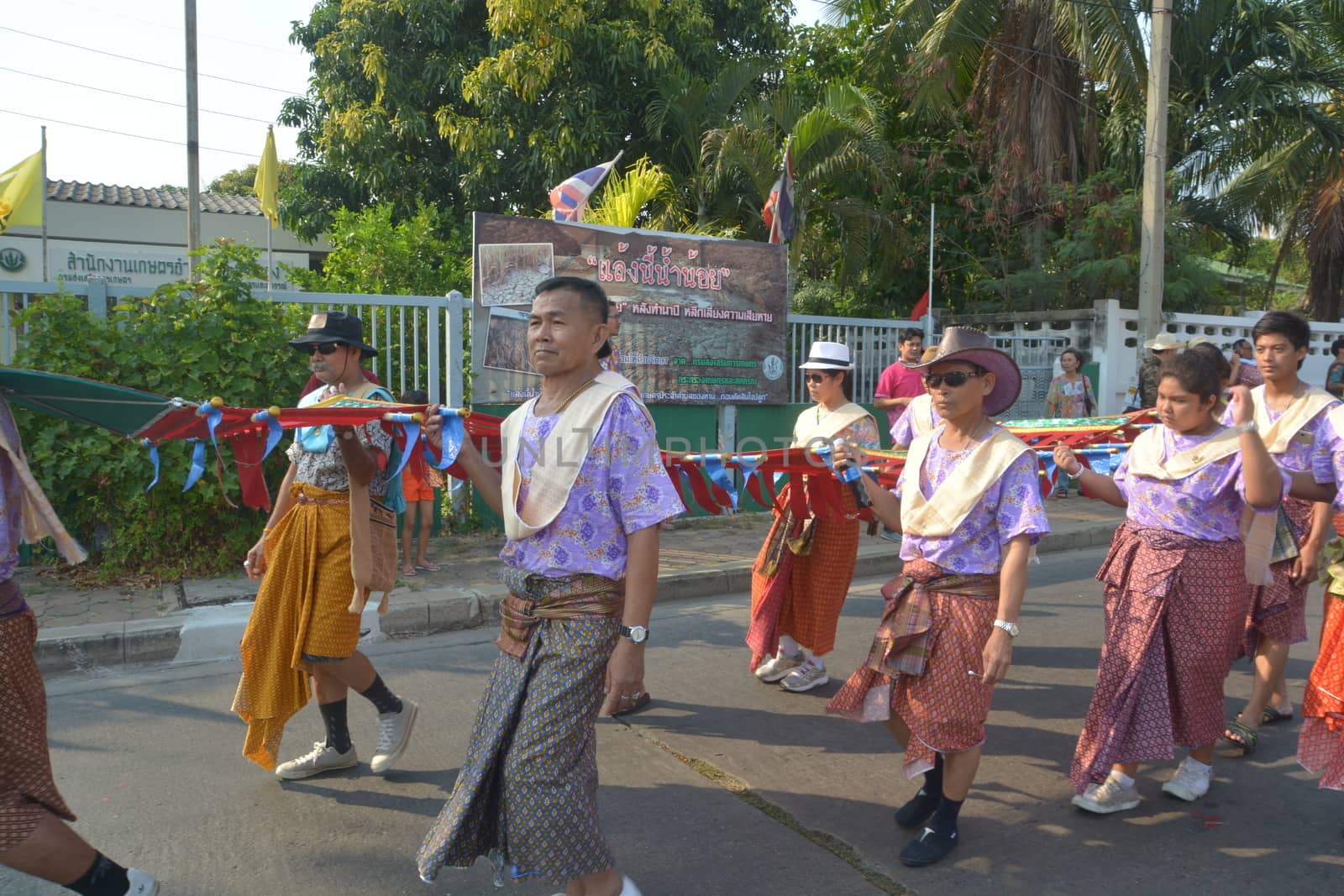 Samut Prakan,Thailand-APRIL 13,2017: Songkran Festival in the Thai-Mon style, featuring a magnificent parade, and see a procession of swan and centipede flags.