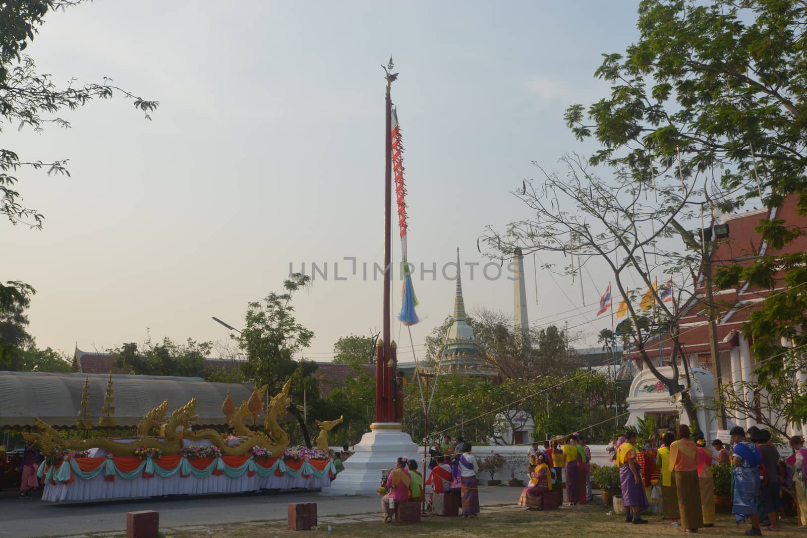 Samut Prakan,Thailand-APRIL 13,2017: Songkran Festival in the Thai-Mon style, featuring a magnificent parade, and see a procession of swan and centipede flags.